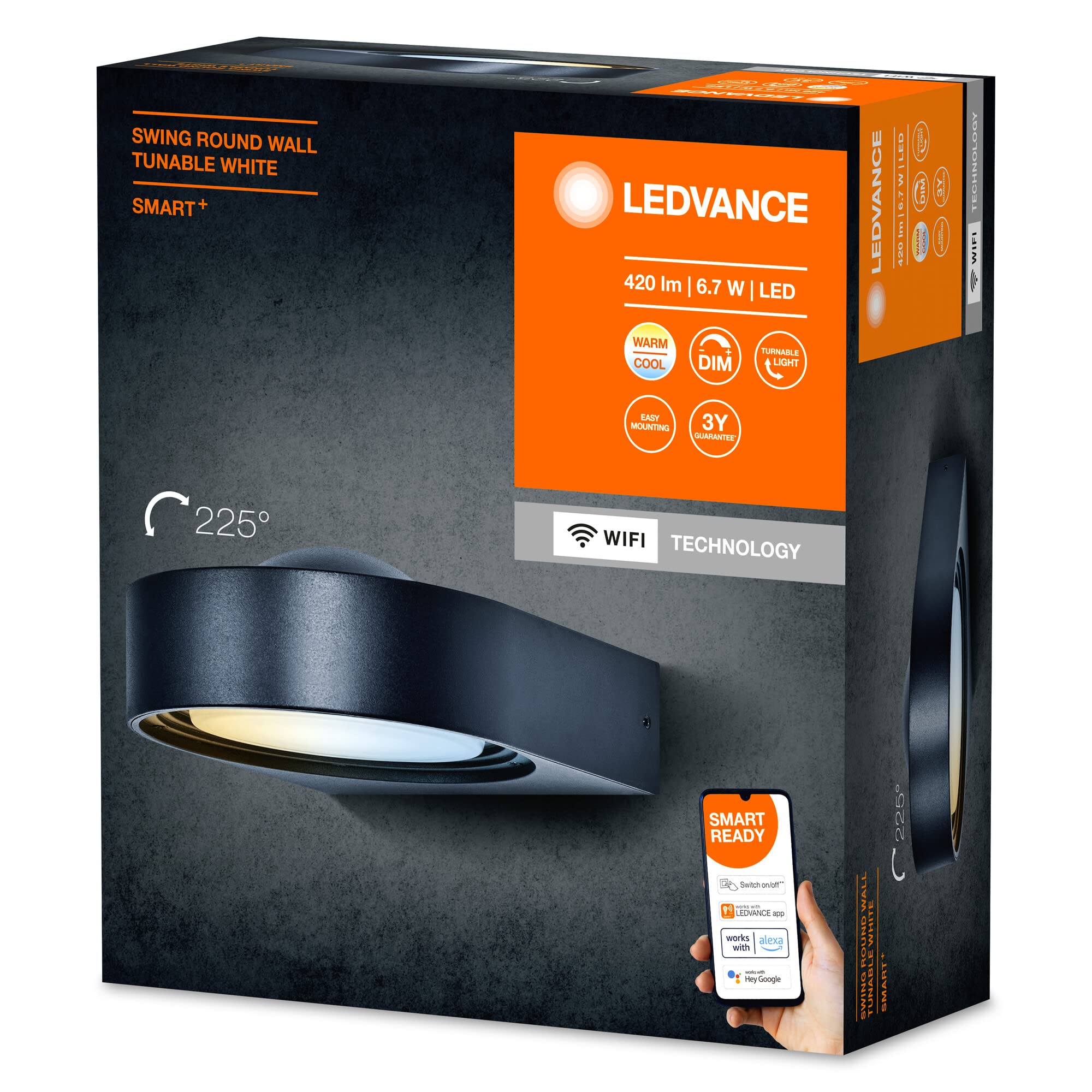 LEDVANCE SMART+ SWING applique da esterno WiFi 6,7W, 420lm, grigio, luce bianca regolabile e 16 milioni di colori, dimmerabile, orientabile, controllo da app, compatibile con Amazon, Google, ecc.