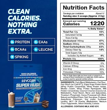 Evogen Super Huge Mass Gainer Protein Powder | 50g Protein, Chocolate Shake | High Calorie Weight Gainer for Men & Women with Carbs & Nutrients | Strength & Weight Gain Support