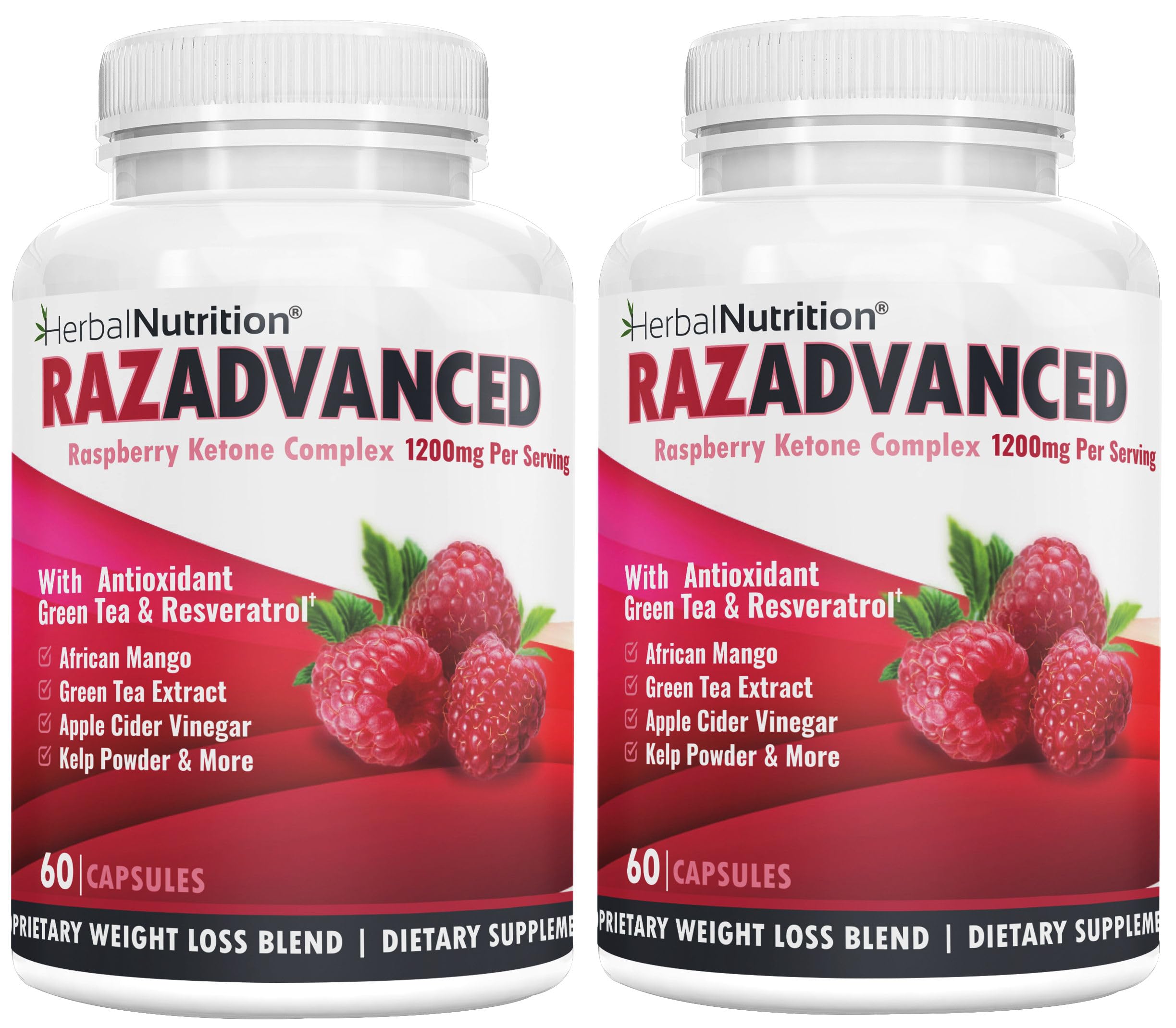 Raspberry Ketones Complex, 120 Capsules, Two Pack, 1200mg Per Serving African Mango, Apple Cider Vinegar, Green Tea, Resveratrol, Acai Fruit, Kelp, and Grapefruit Diet & Weight Management Supplement