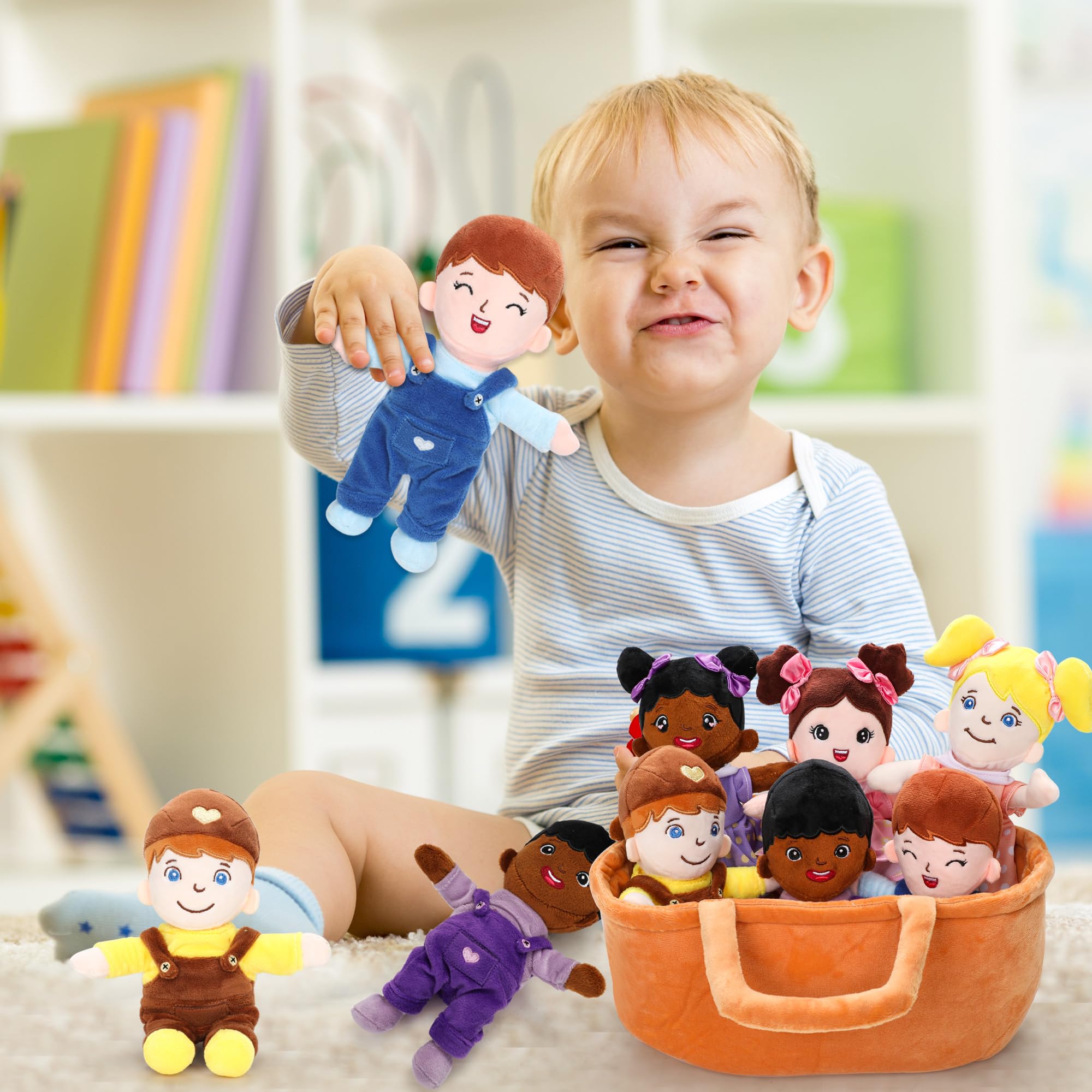 Qpewep Basket of Baby Plush Dolls - 8" Plush Diversity Baby Dolls- 6 Piece Set Interchangeable Clothes Soft Stuffed Plush Figures for All Ages Xmas Gift - Image 4