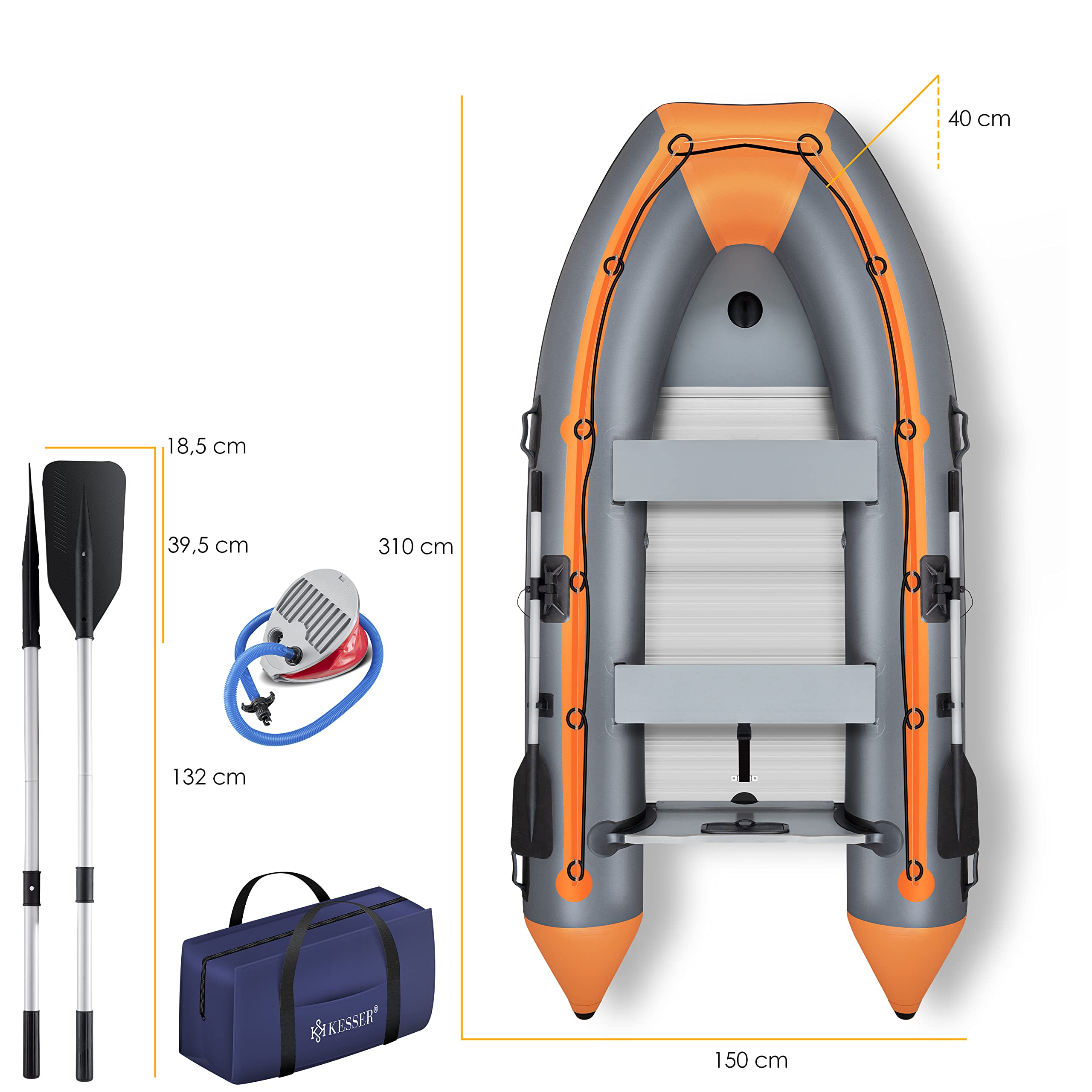 KESSER® Embarcación neumática de 3,20 m para 4 Personas, PVC, Apta para Motor de Olas, con 2 Bancos, Suelo de Aluminio, Remo, Bomba, Kit de Reparación, Bolsa, Hinchable