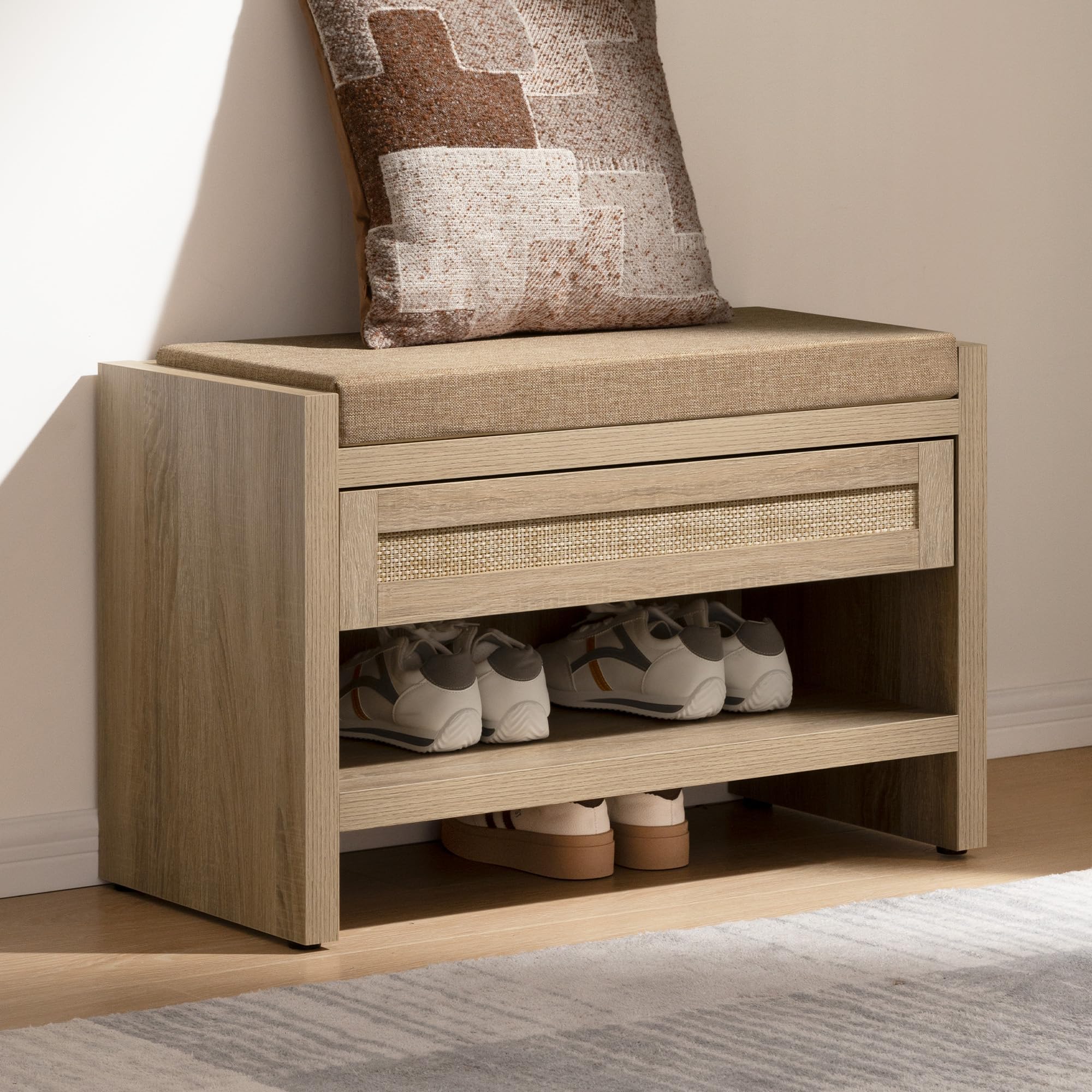SICOTAS Rattan Shoe Bench Entryway Bench with Storage Drawer and Linen Seat Cushion, Farmhouse Boho Shoe Rack Bench with Shelf, Wooden Storage Bench for Entryway Hallway and Bedroom, Light Oak