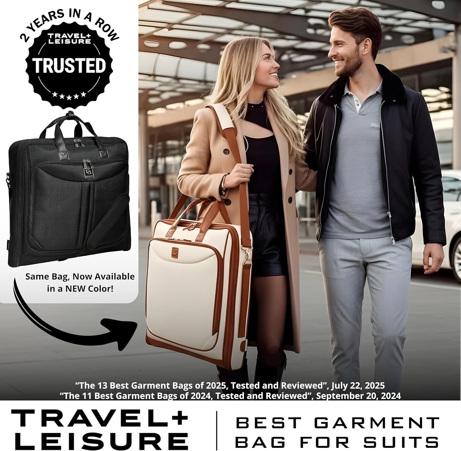ZEGUR Premium Garment Bag Carry On for Women - Hangs Blazers, Pantsuits & More - Travel Bag with Shoulder Strap and Laptop Compartment (Beige with Saddle Brown Leather)