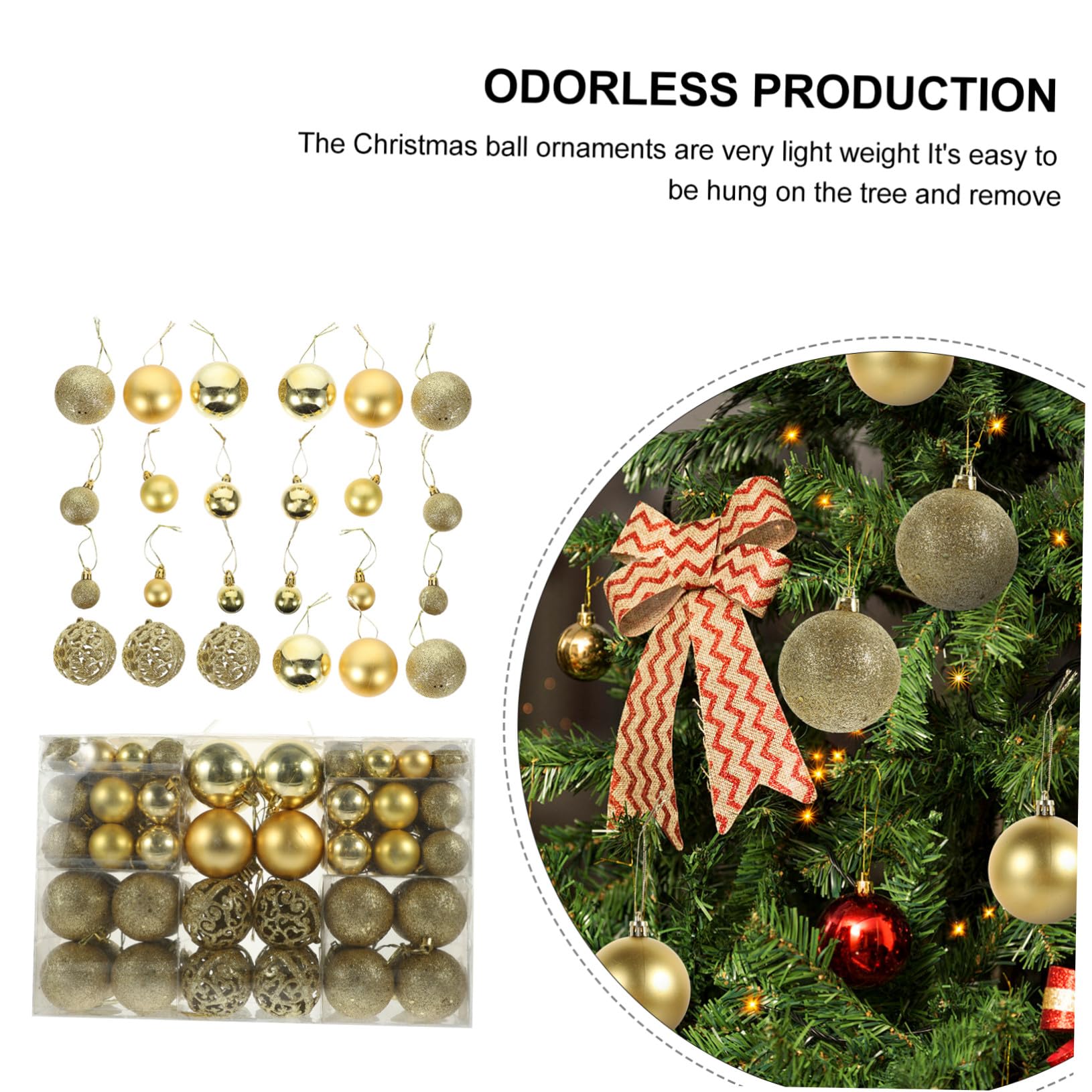 Ipetboom Caja 100 Bolas Navideñas Colgantes de Plástico Dorado para Adorno del Árbol de Navidad, Accesorios Creativos para Fiestas y Escenas Festivas