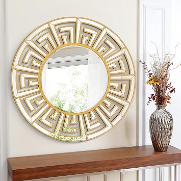 31.5"x31.5" Gold Round Mirror with Decorative Geometric Pattern, Accent Wall Mounted Mirror for Modern Living Room, Dining Room, Bedroom, Entryway