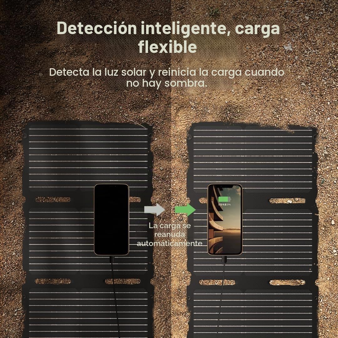 BougeRV Panel solar plegable 50W, fibra de vidrio 270°, 0,8 kg, módulo solar con salidas DC/USB-C/USB-A, panel solar portátil con mosquetón, compatible con celular, tableta, pequeña central eléctrica