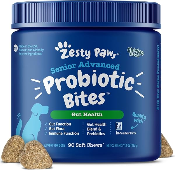 Zesty Paws Probiotics for Dogs - Digestive Enzymes for Gut Flora, Digestive Health, Diarrhea & Bowel Support - Clinically Studied DE111 - Dog Supplement Soft Chew for Pet Immune System - Adv, 90ct