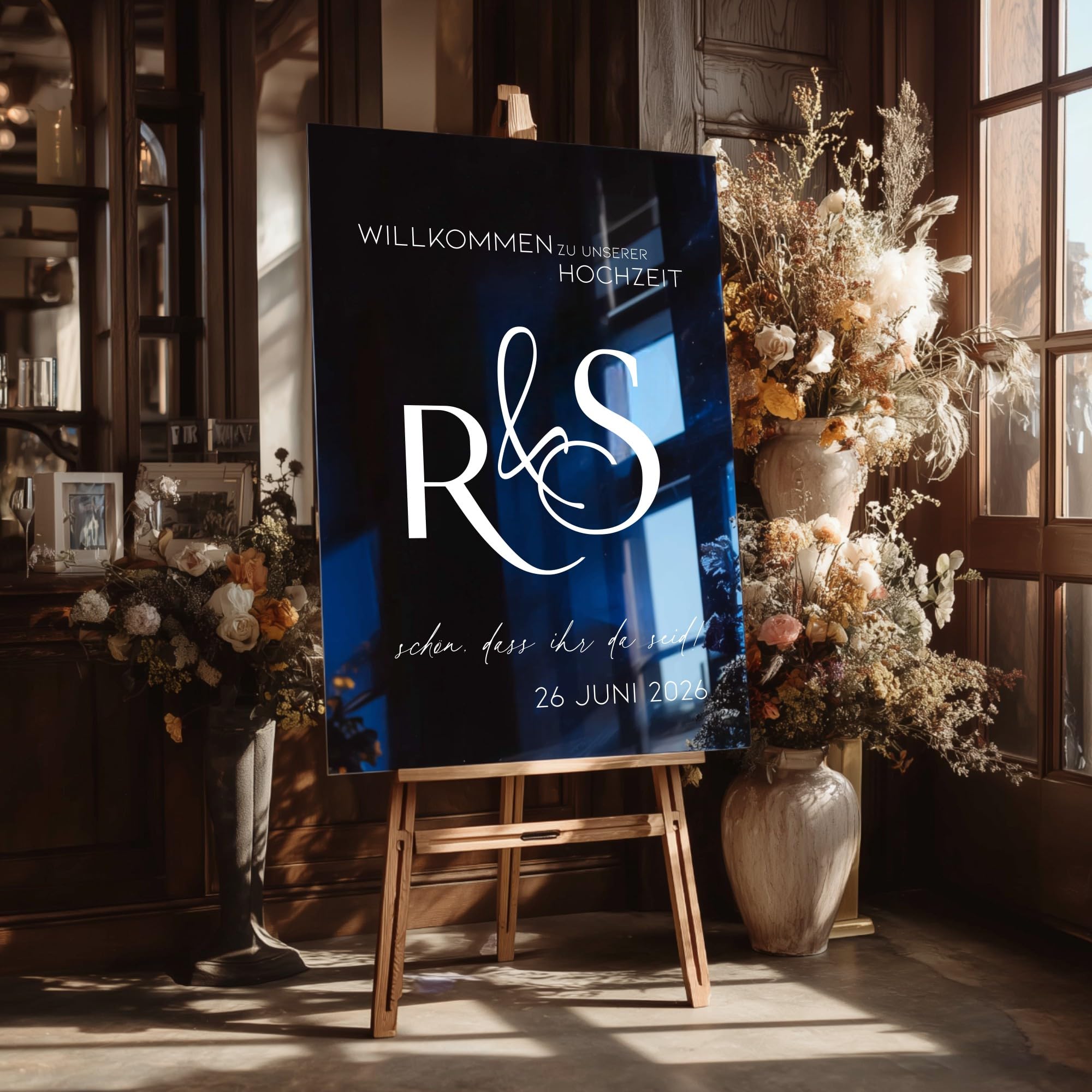 Willkommensschild Hochzeit personalisiert Acrylglas Blau Hochglanz – elegante Deko für Empfang, Party & Events – Made in Germany