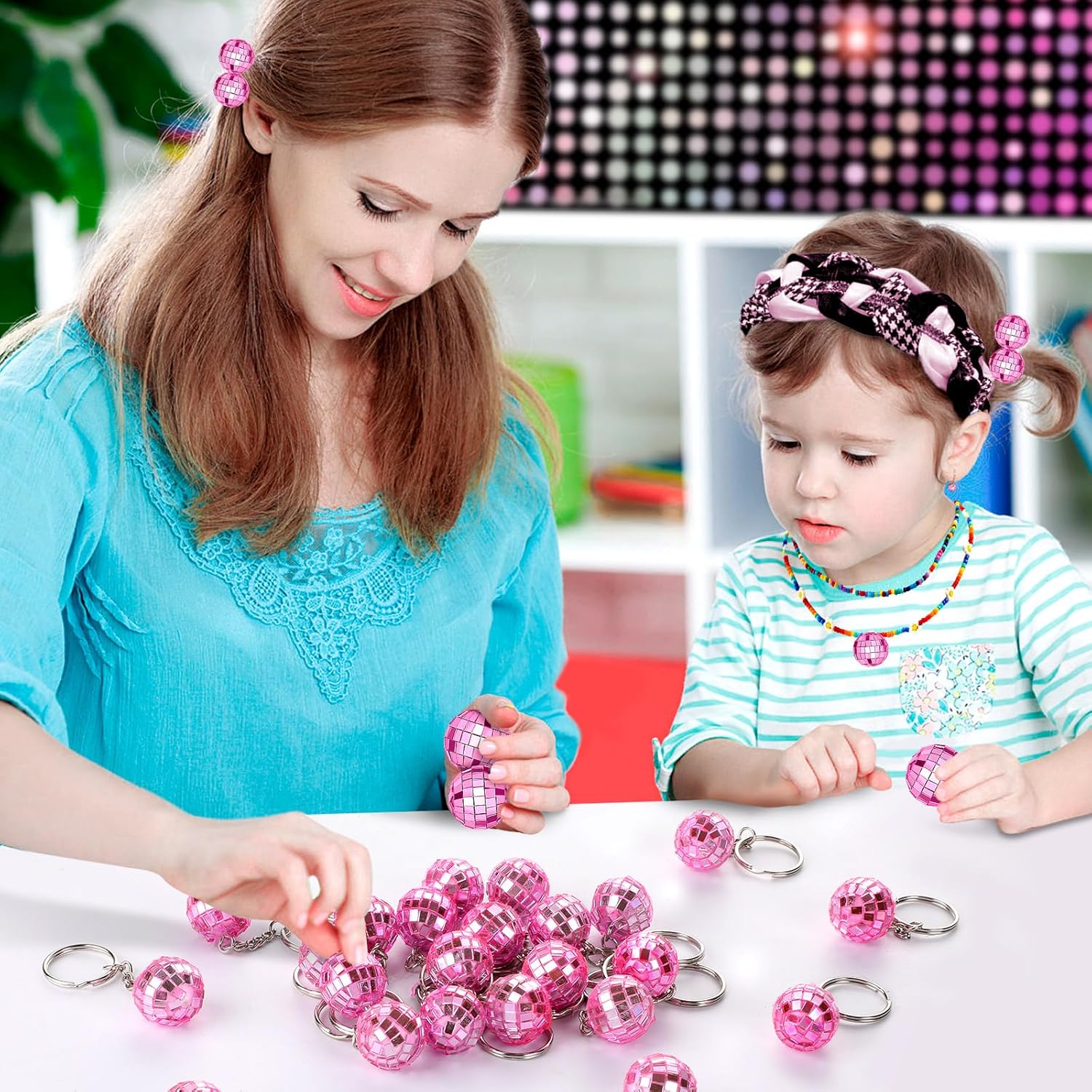 100Pcs Pink Disco Ball Keychain, Mini Small Pink Mirror Disco Ball Bulk Keyring Party Favors for 70s 80s Disco Party Supplies Decorations