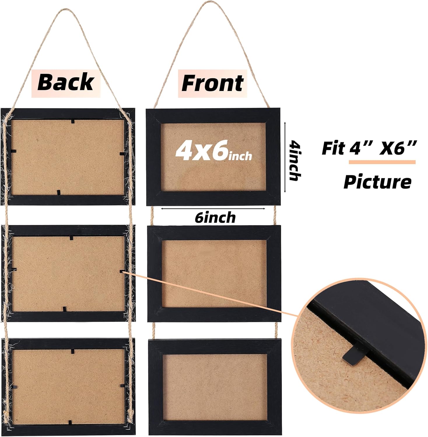 2 Pcs 4x6 Black Picture Frames Collage with 6 Openings Wall Decor Hanging Photo Holder Frame for Wall Rustic Engineered Wood 4 x 6 Collage Picture Frames Wooden Photo Frame Wall Mount Set of 2