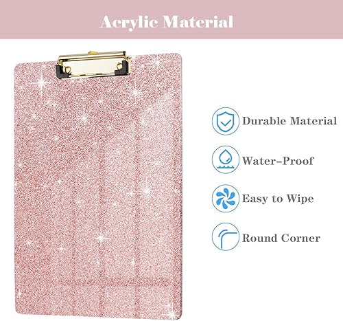 Miniatura 3 de WAVEYU Portapapeles acrílico, portapapeles rosa con purpurina para mujeres y niñas, portapapeles tamaño carta Stardard con clip dorado de perfil