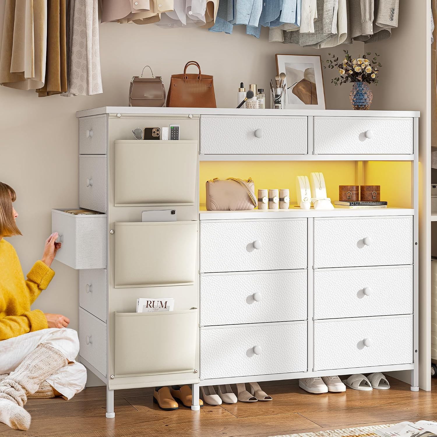 13 Drawer Dresser for Bedroom with LED Lights and 3 Side Pockets, Cupboard Island with 2 Open Shelves, Fabirc Dressers & Chests of Drawers, Living Room, Entryway, Sturdy Steel Frame & Wood Top, White