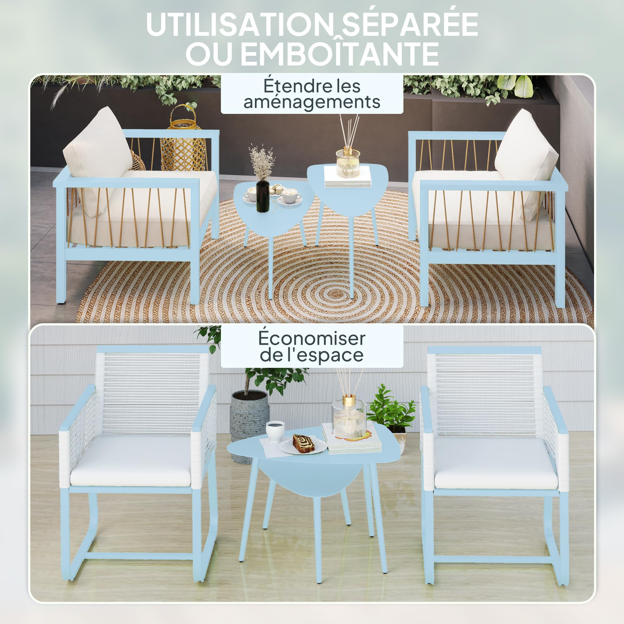 Outsunny Lot de 2 Tables Basses de Jardin, Tables d'appoint gigognes triangulaires, Cadre en Acier, avec Patins Ajustables pour Balcon, Patio, Jardin, Bleu Clair