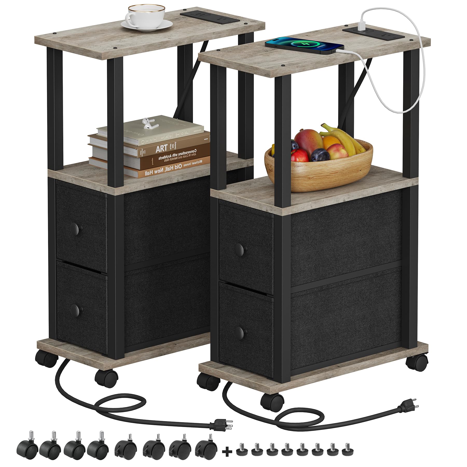 TUTOTAK Small Narrow End Tables, Side Tables with 2 Fabric Drawers, Set of 2, Bedside Tables with Charging Station for Small Spaces, Slim Nightstands