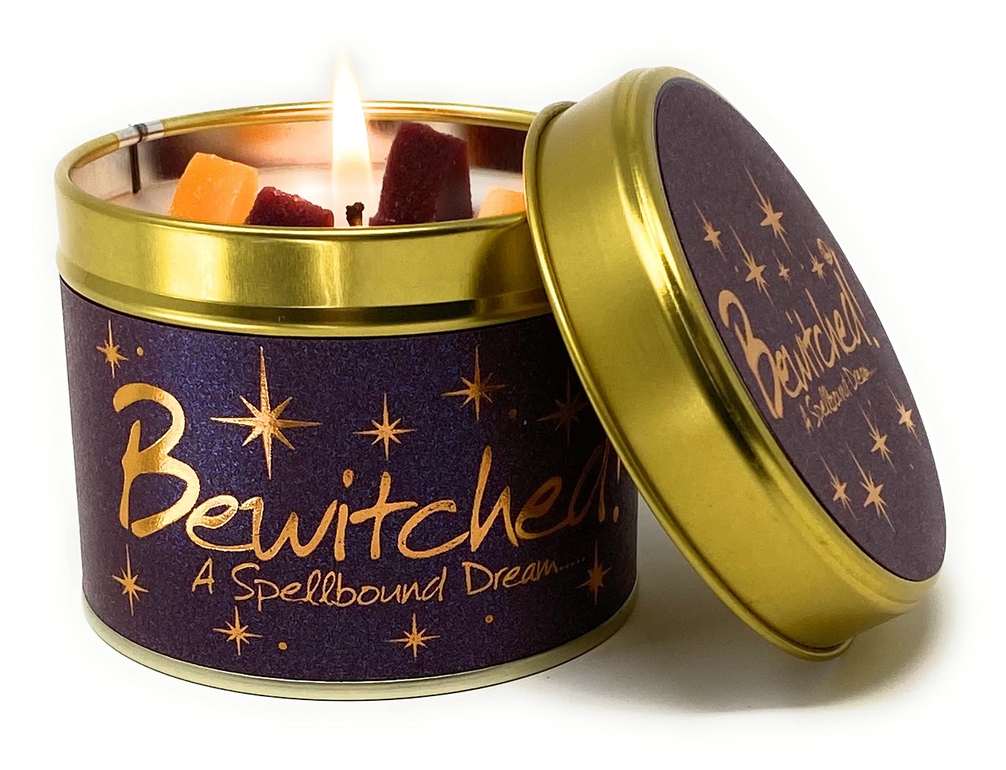 Lily Flame Bewitched Candle Tin - Sparkling, Hedonistic Blended Scent in a Deep Purple Shimmering Package - Cruely Free and Vegan Friendly!