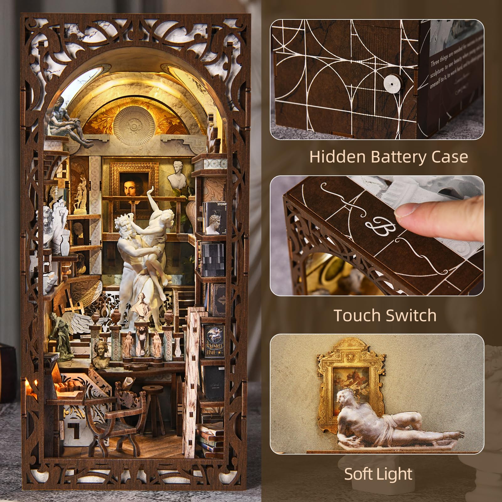MiniCity Bernini's Workshop - Kit de Construction Book Nook - Maison de poupée Miniature 3D - Coin de Livres - avec lumière LED et Housse de Protection Contre la poussière - 4