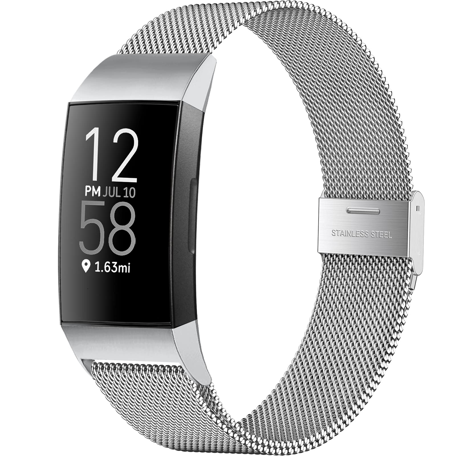 GEAK Compatible with Fitbit Charge 3 Bands/Fitbit Charge 4 Bands Metal, Mesh Loop Magnetic Adjustable Stainless Steel Replacement Accessories Wristband for Women Men, Large Silver
