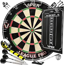 Conjunto de Dartboard Viper League Pro Regulation Bristle Steel Tip com Bullseye sem grampos, aro radial de aranha, sisal de alto nível com anel giratório, marcador de giz de cricket, dardos de ponta de aço