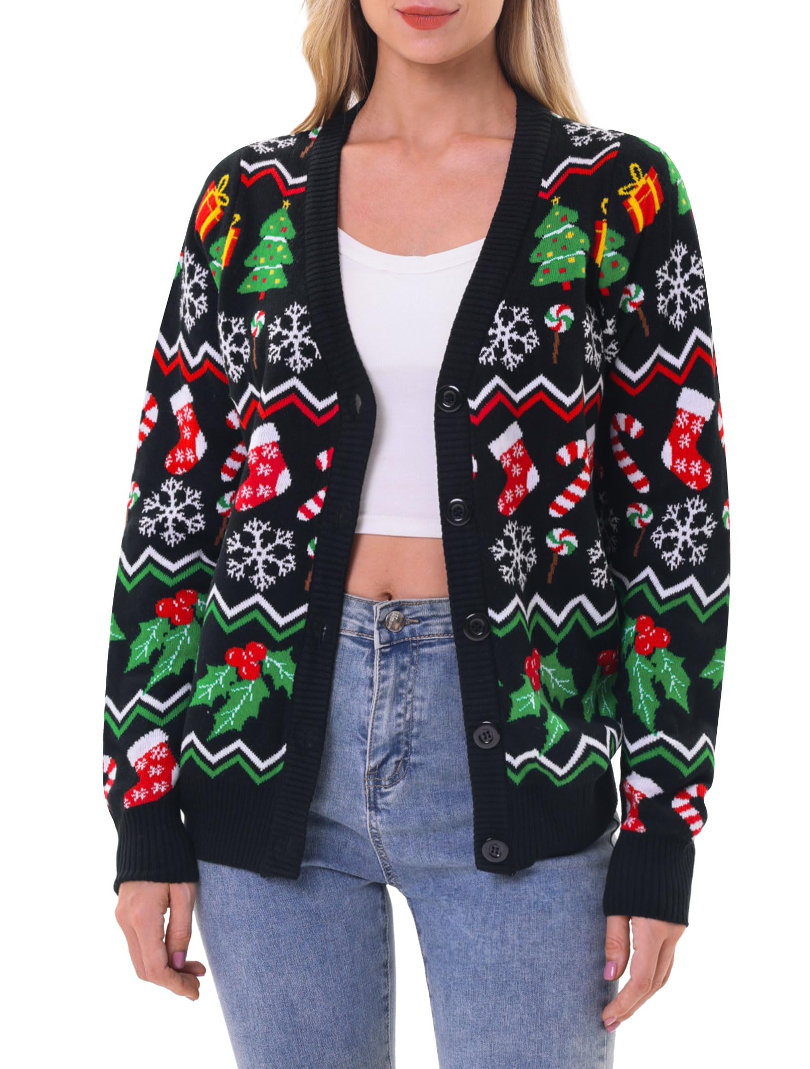 RAISEVERN Ugly Christmas Cardigan Sweater Women Oversized Knit Open Front Tops