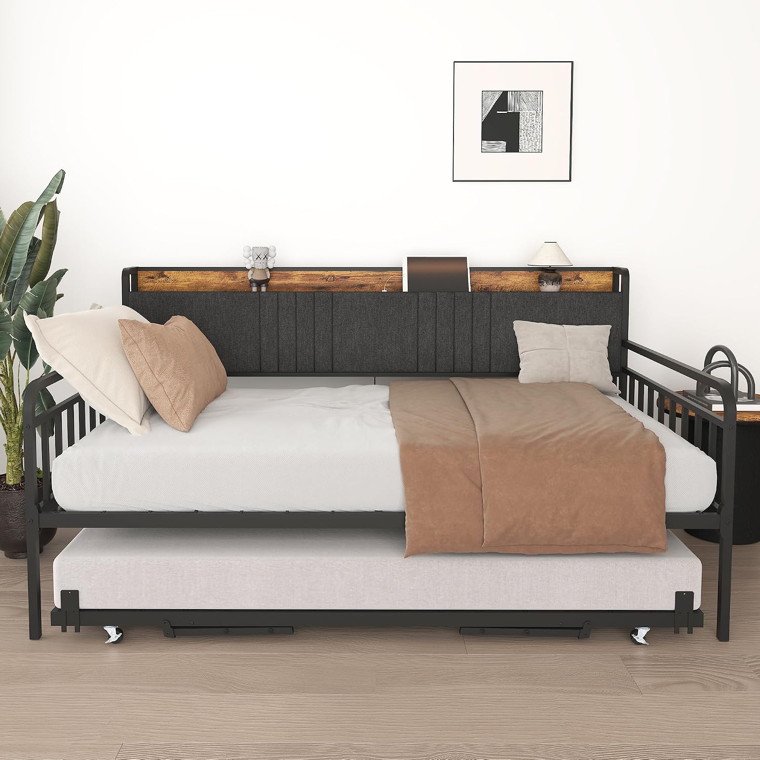 Bellemave Twin Daybed with Trundle and LED Light,Daybed with Pop Up Trundle, Heavy Duty Metal Day Bed Frame with Charging Station and Storage Headboard for Living Room,Bedroom and Guest Room,Black