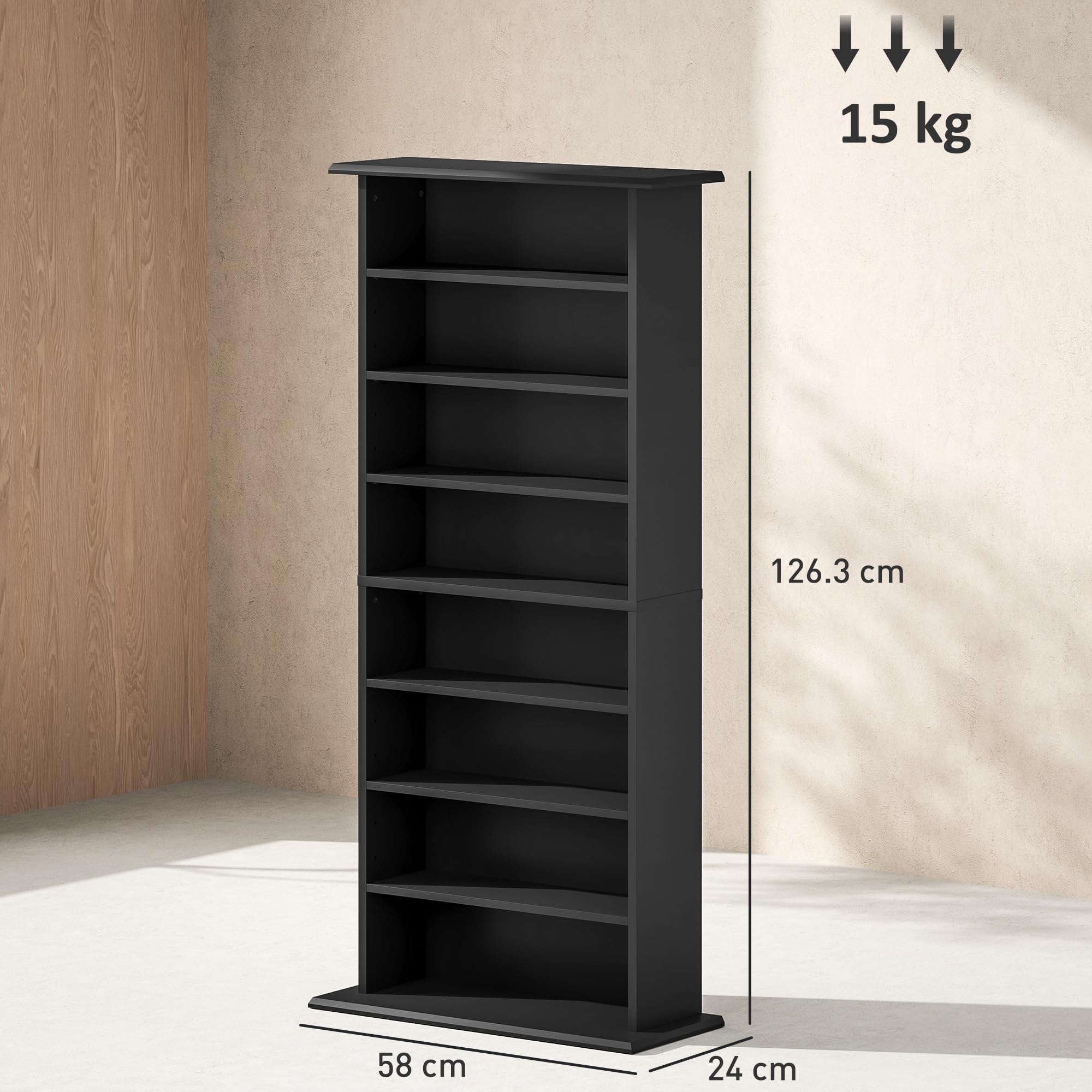 HOMCOM Mobile Porta CD con 6 Ripiani Regolabili, Scaffale Porta 360 CD/185 DVD Salvaspazio in Legno, Mobile Portacd con 8 Scomparti, per Soggiorno Camera da Letto Ufficio, 58x24x126.3 cm, Nero