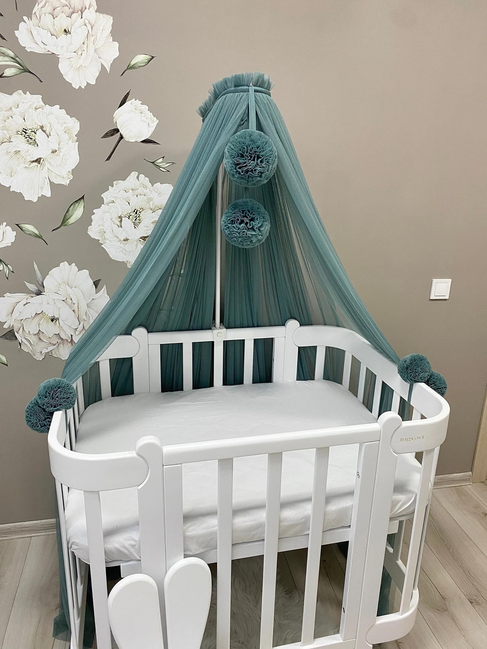 Tenda Baldacchino per lettino o culla cameretta dei bambini, Telo decoro tenda cameretta dei neonati, Tule zanzariera per letto in tule (Pine Green)