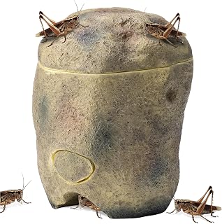 Navaris Reptile Cricket Feeding Rock - Realistic Polyresin Terrarium Stone Feeder for Reptiles with Hole for Crickets to Come Out - with Magnetic Lid and Window