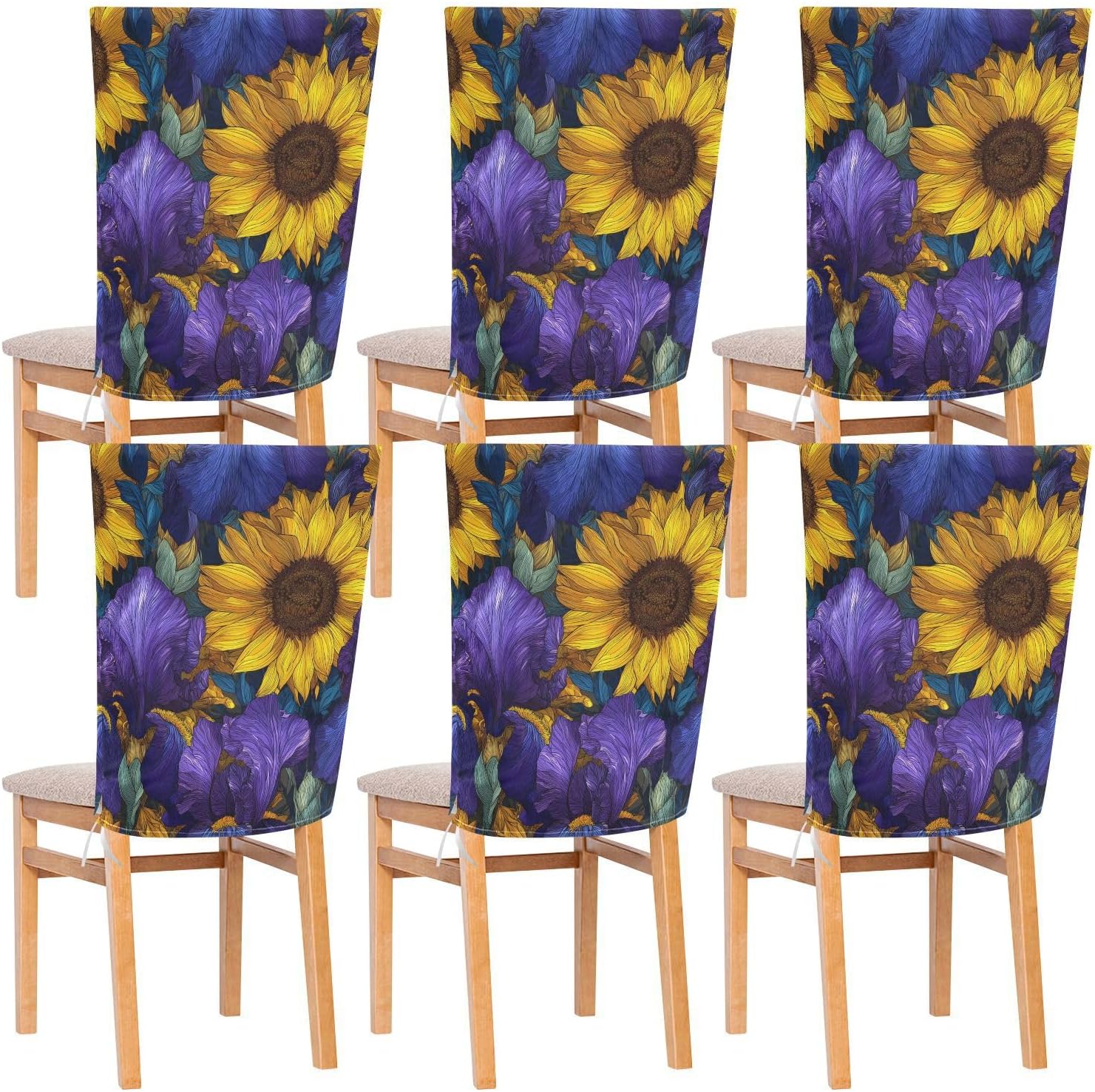 ALAZA Iris Flowers Yellow Sunflowers Chair Back Cover Set of 6, Washable Reusable Removable Chair Slipcovers Decorative Chair Cover for Home Kitchen Wedding Party
