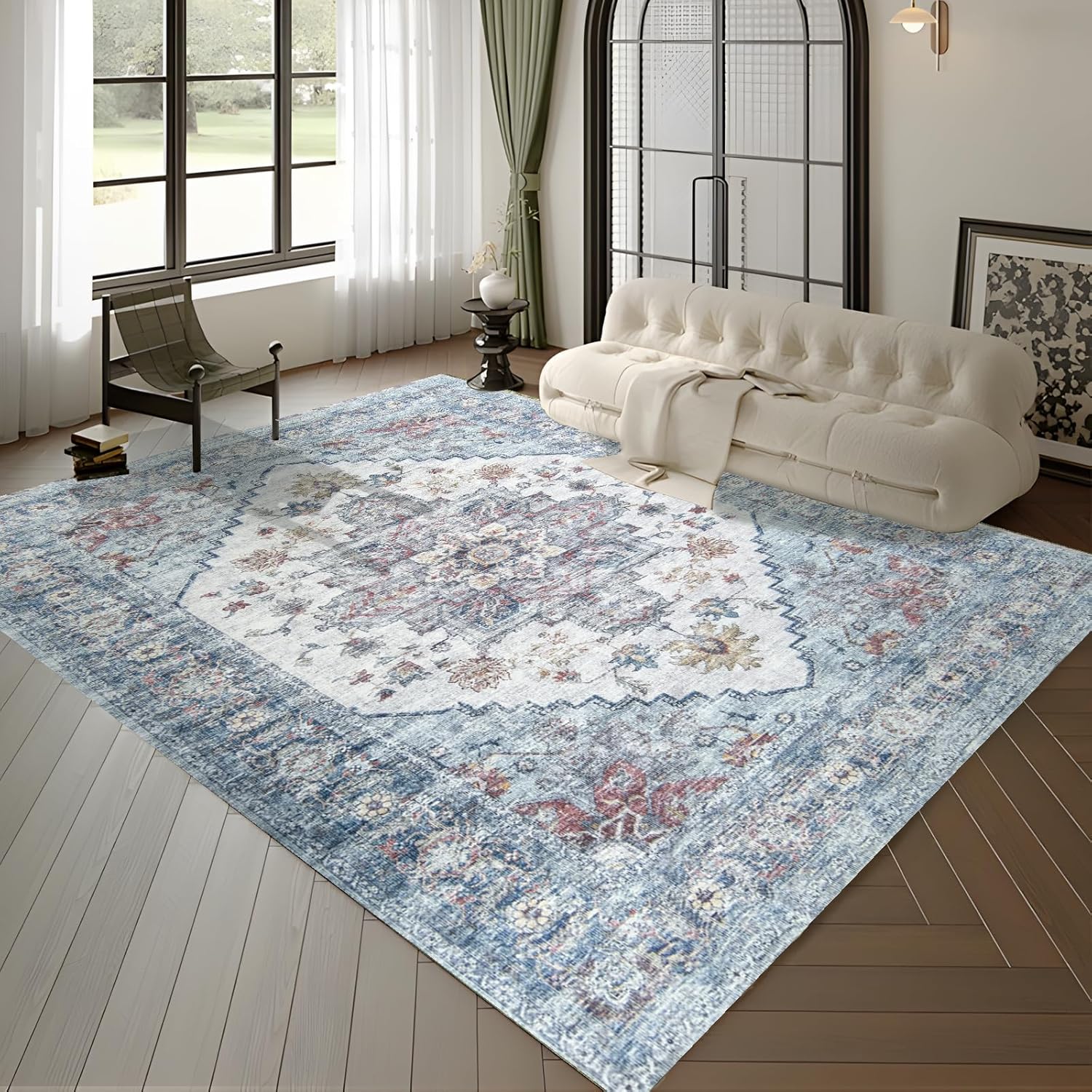 9x12 Rugs for Living Room, Floral Washable Rug for Bedroom, Machine Washable Area Dining Room Rugs Blue Gray 9'x12'