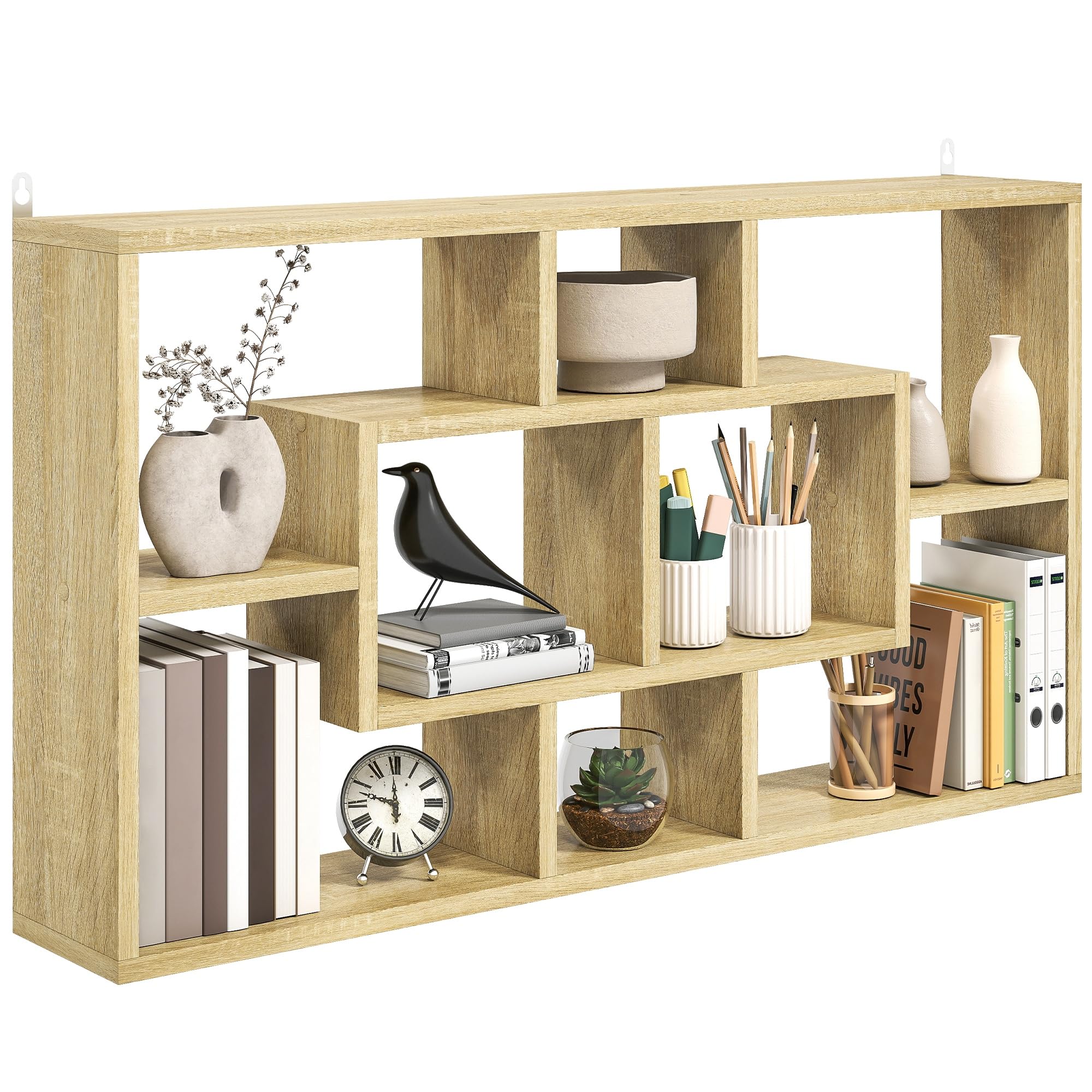 HOMCOM Estante de Pared Decorativo, Estantería para Libro, CDs, Baldas Flotantes con 8 Cubos, 85x14,5x47,5 cm, Carga 20kg, para Oficina, Estudio, Salón, Roble