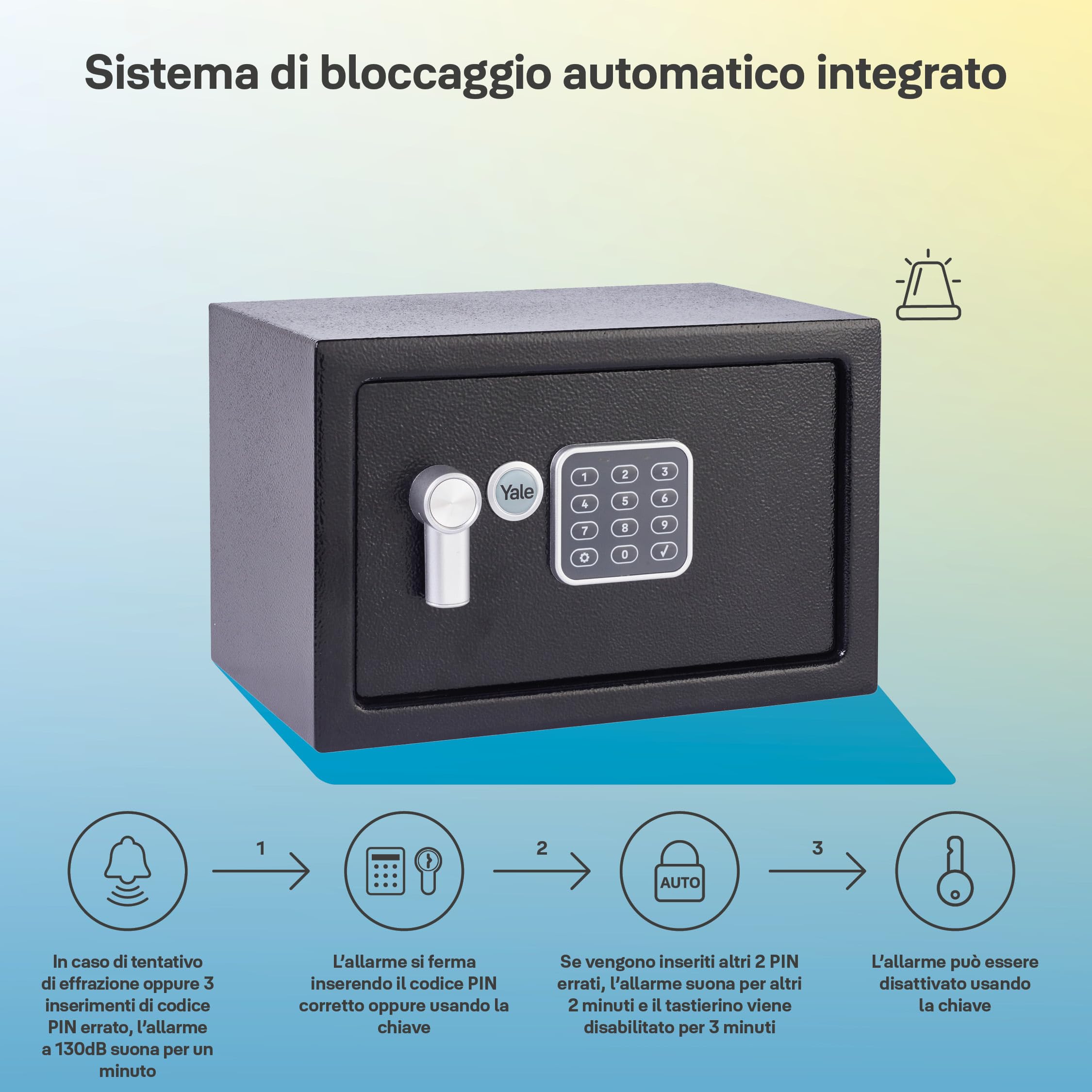 YALE Cassaforte Elettronica con Allarme Piccola YEC/200/DB2 Nero, Allarme Integrato 130 dB, Struttura e Bulloni di Bloccaggio in Acciaio, Versione Corrente
