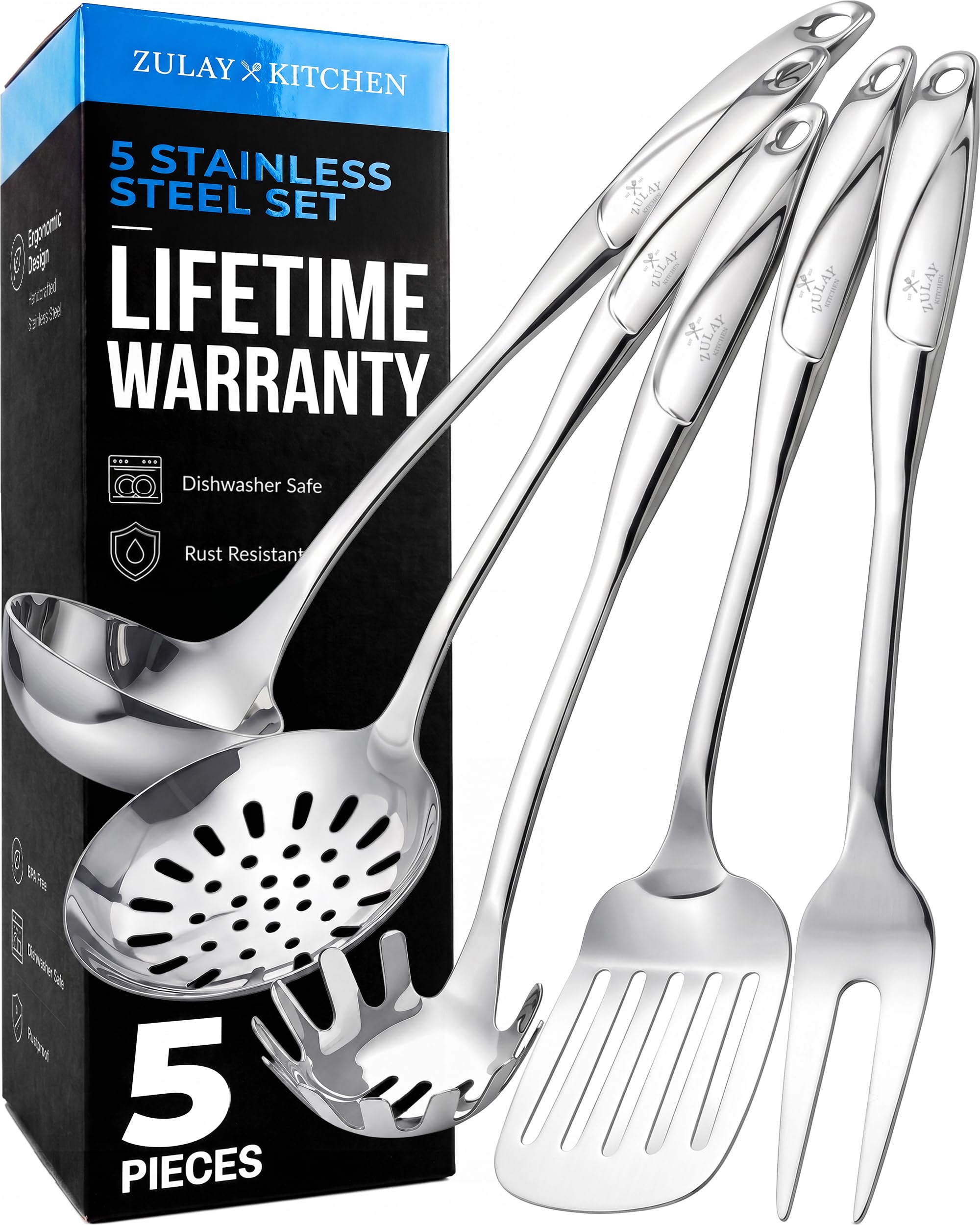 Zulay Kitchen Utensils Set - Premium Cooking Utensils Set - 5 Piece Complete Stainless Steel Utensil Sets - Comfortable Grip Stainless Steel Utensils Set - Kitchen Utensils Set Stainless Steel | Küchenhelfer aus Edelstahl – langlebige Küchenhelfer – Metal