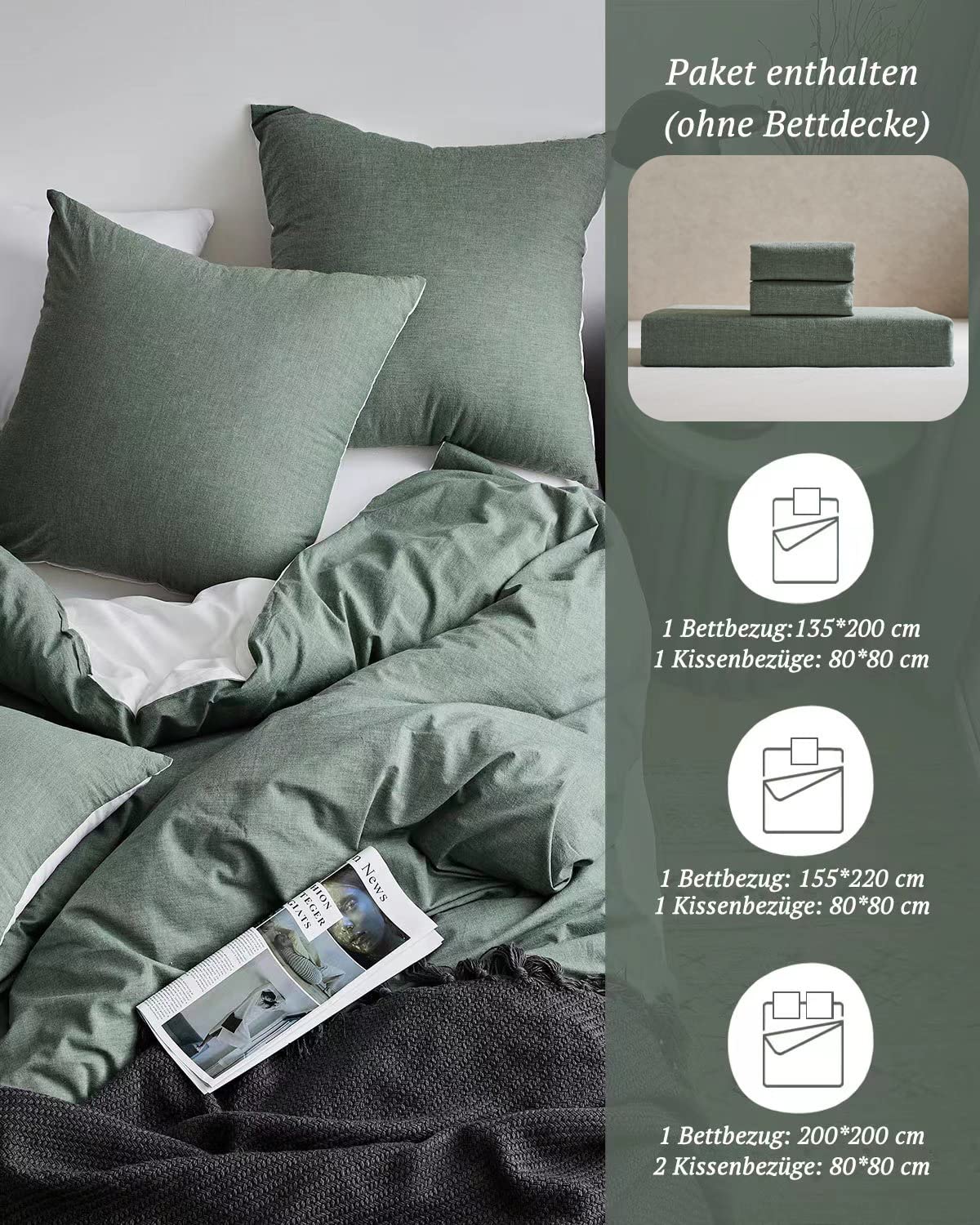 SOULFUL Biancheria da letto, 135 x 200 cm, in cotone, 4 pezzi, Öko-Tex, verde salvia | 100% cotone, effetto lino lavato, chiusura lampo, 1 copripiumino da 135 x 200 cm e 1 federa da 80 x 80 cm
