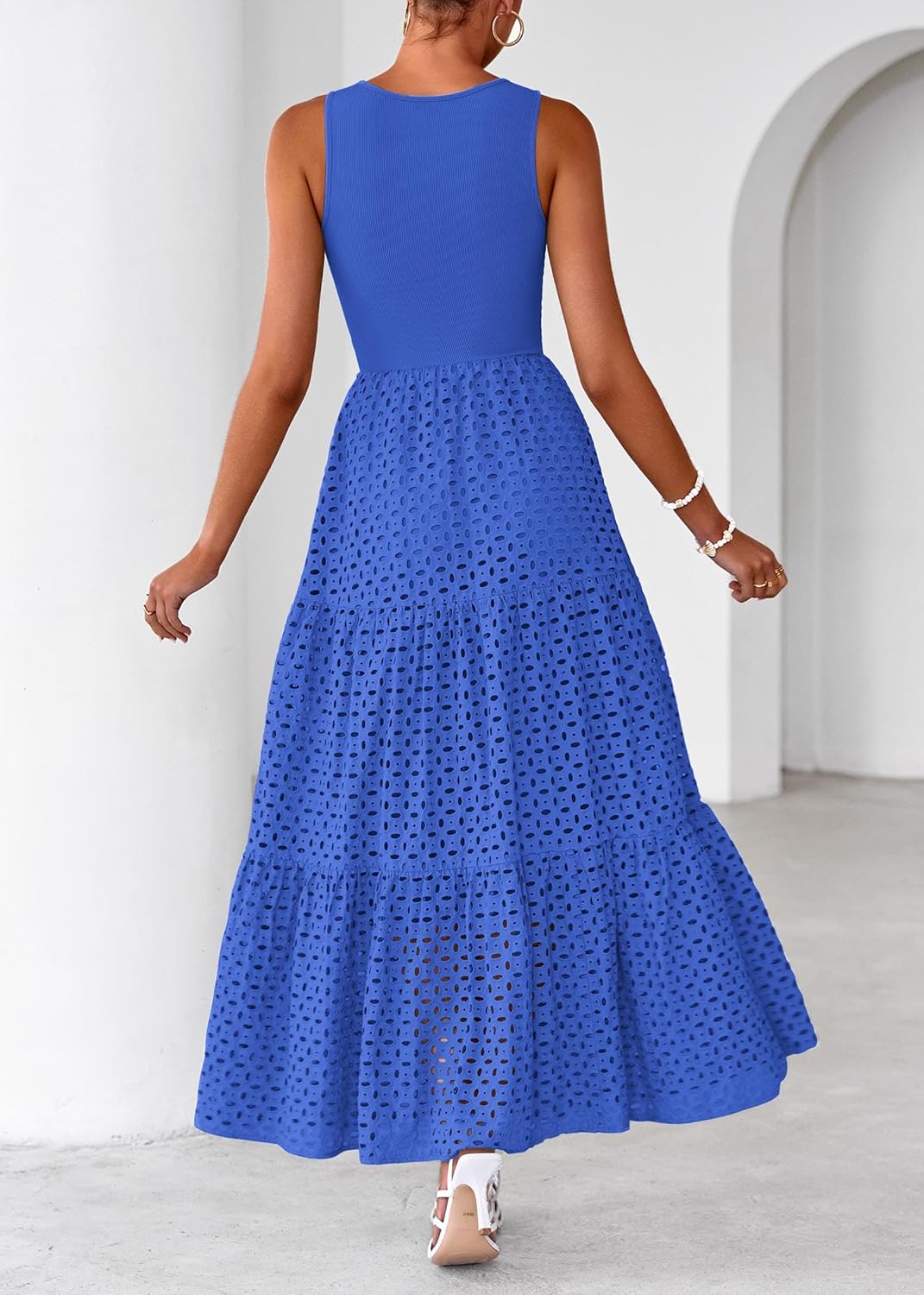 Lazysmile Womens Summer Dresses Crewneck Sleeveless A-Line Hollow Out Eyelet Tiered Tank Maxi Dress Sundress with Pockets
