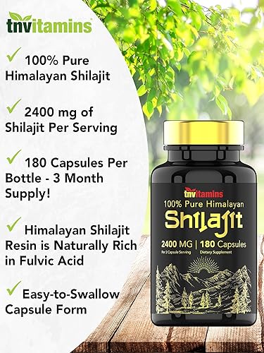 Vista 4 de tnvitamins Shilajit Cápsulas de 2400 mg - 180 cápsulas Cápsulas 100% puras del Himalaya Shilajit para hombres y mujeres Suplemento de resina