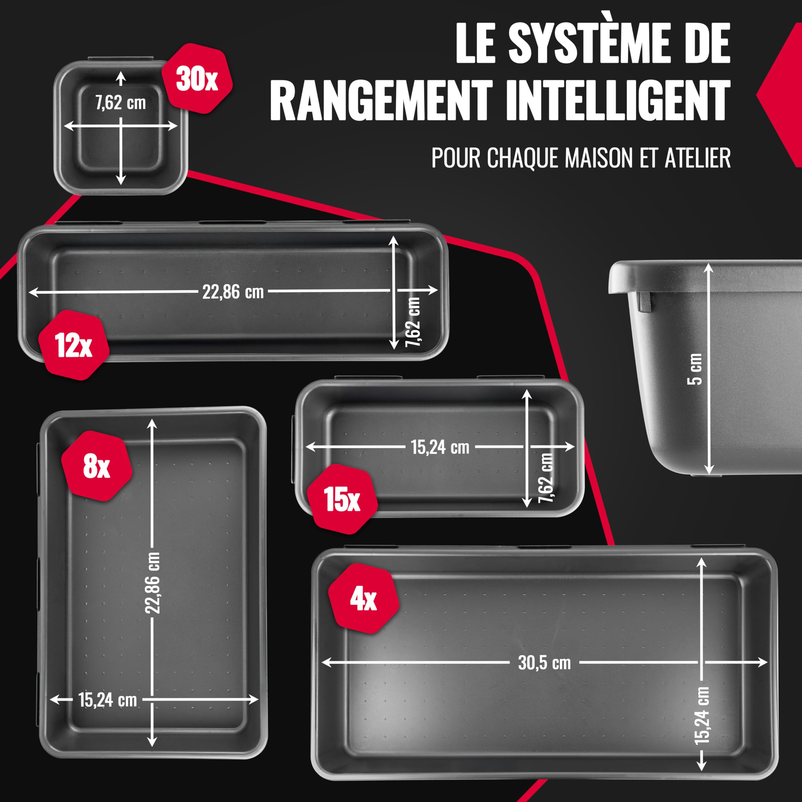 POPPSTAR 69x Organisateur de tiroirs pour atelier - Bureau, 5 tailles différentes, plastique, noir