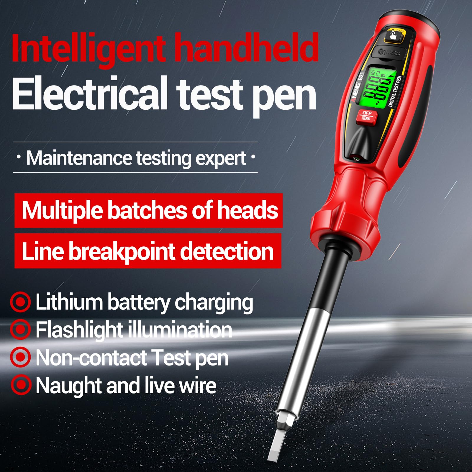 Digital Voltage Tester Pen, Non Contact Voltage Testing Pen Rechargeable AC Voltage 30V -1000V NCV Detection Replaceable 10 in 1 Batch Heads with LED Light (RED) — Amazon image 8