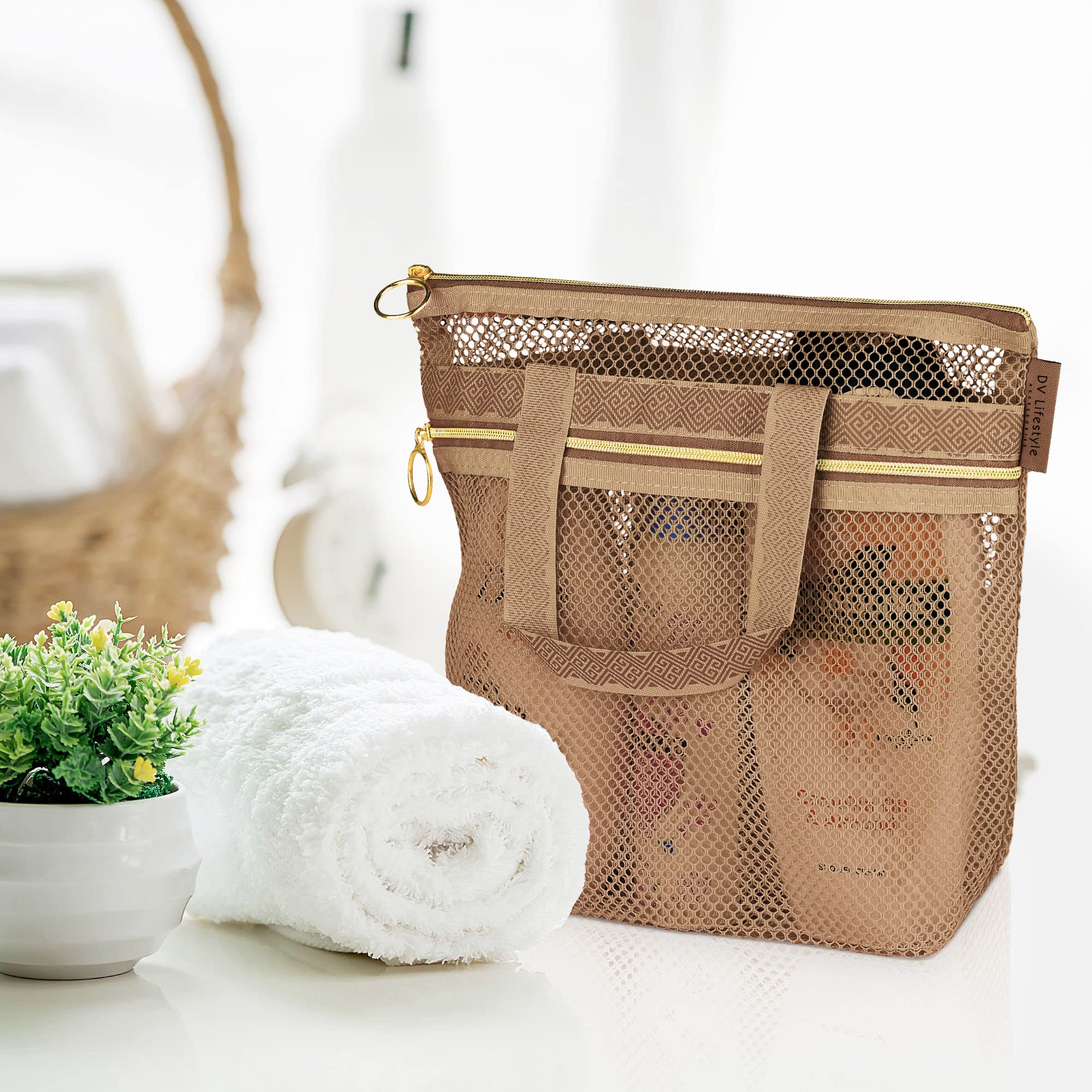 DV Lifestyle Mesh Shower Bag 25 x 26cm Caddy with Zipper & 2 Pockets. Quick-Dry Portable Toiletry Tote for Bathroom Gym - Image 3