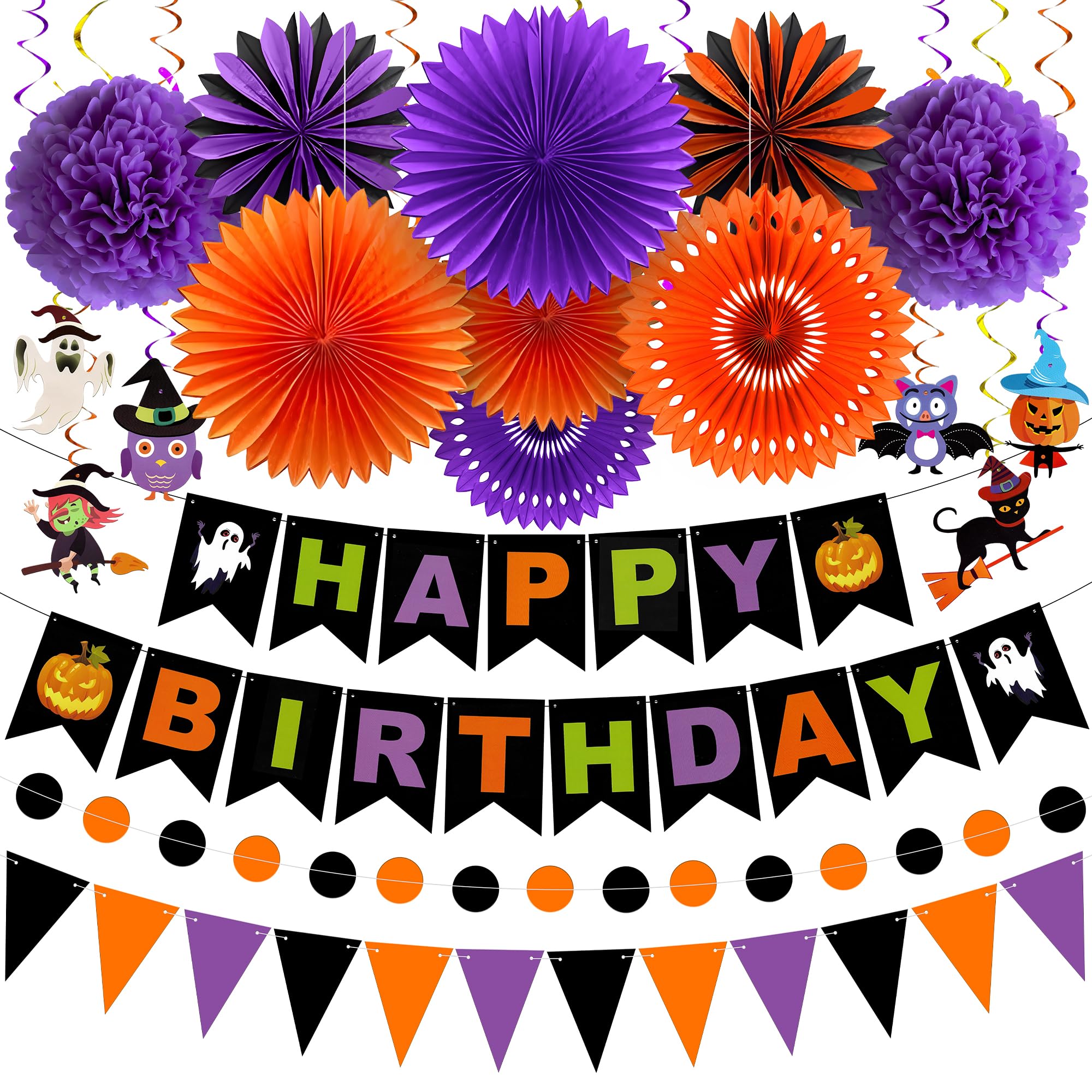 KatchOn, Hanging Halloween Decorations Set - Pack of 14 | Purple and Black Theme Party Supplies | Halloween Party Decorations for Wall | Happy halloween Banner, Sign for Spooky Decor