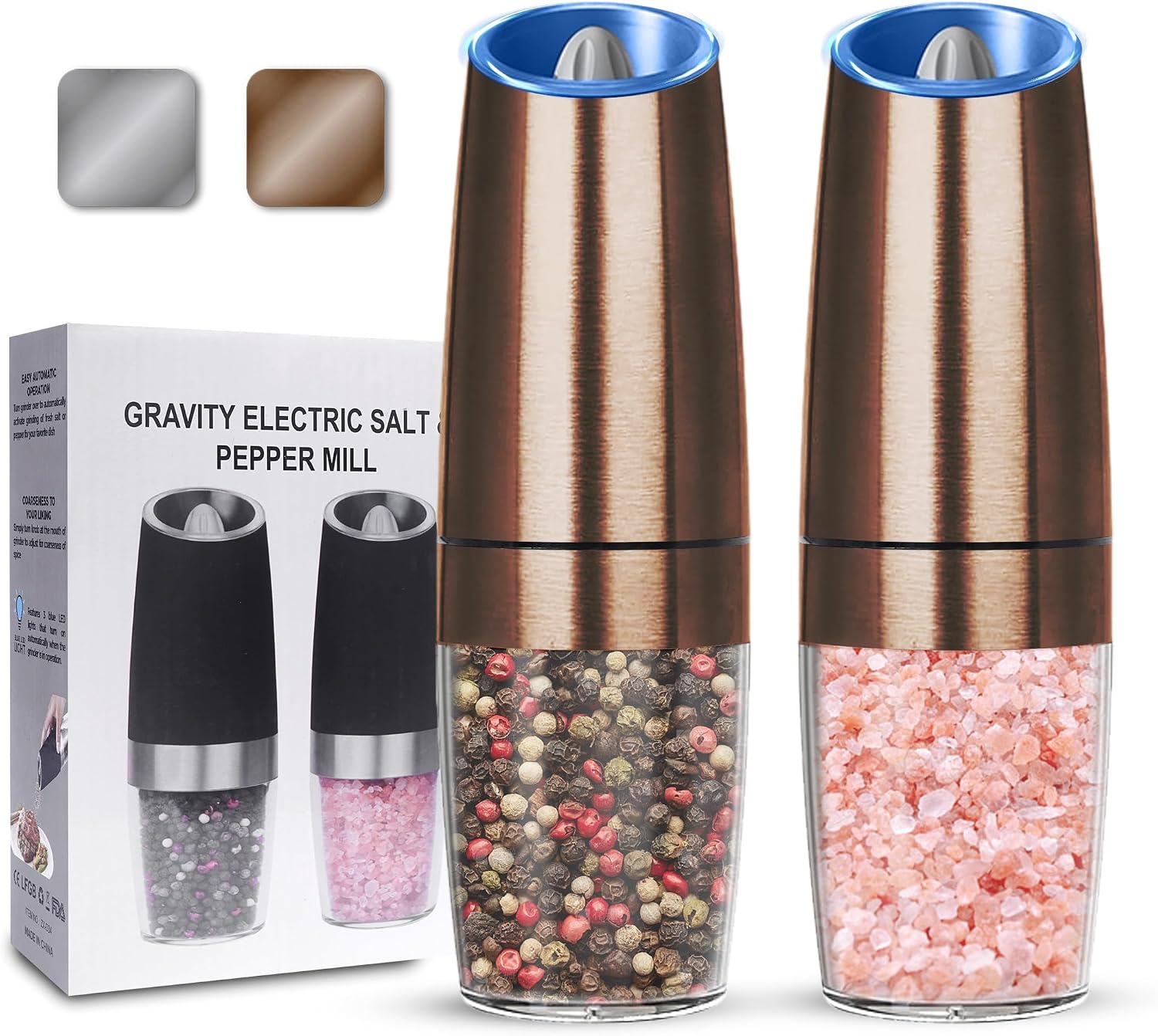 UNNEES Gravity Electric Salt and Pepper Grinder set of 2, Automatic Salt And Pepper Grinder Set, Adjustable Roughness, Battery Powered, LED Light, 2 Pack, (Copper)