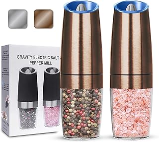 Gravity Electric Salt and Pepper Grinder set of 2, Automatic Salt And Pepper Grinder Set, Adjustable Roughness, Battery Powered, LED Light, 2 Pack, (Copper)