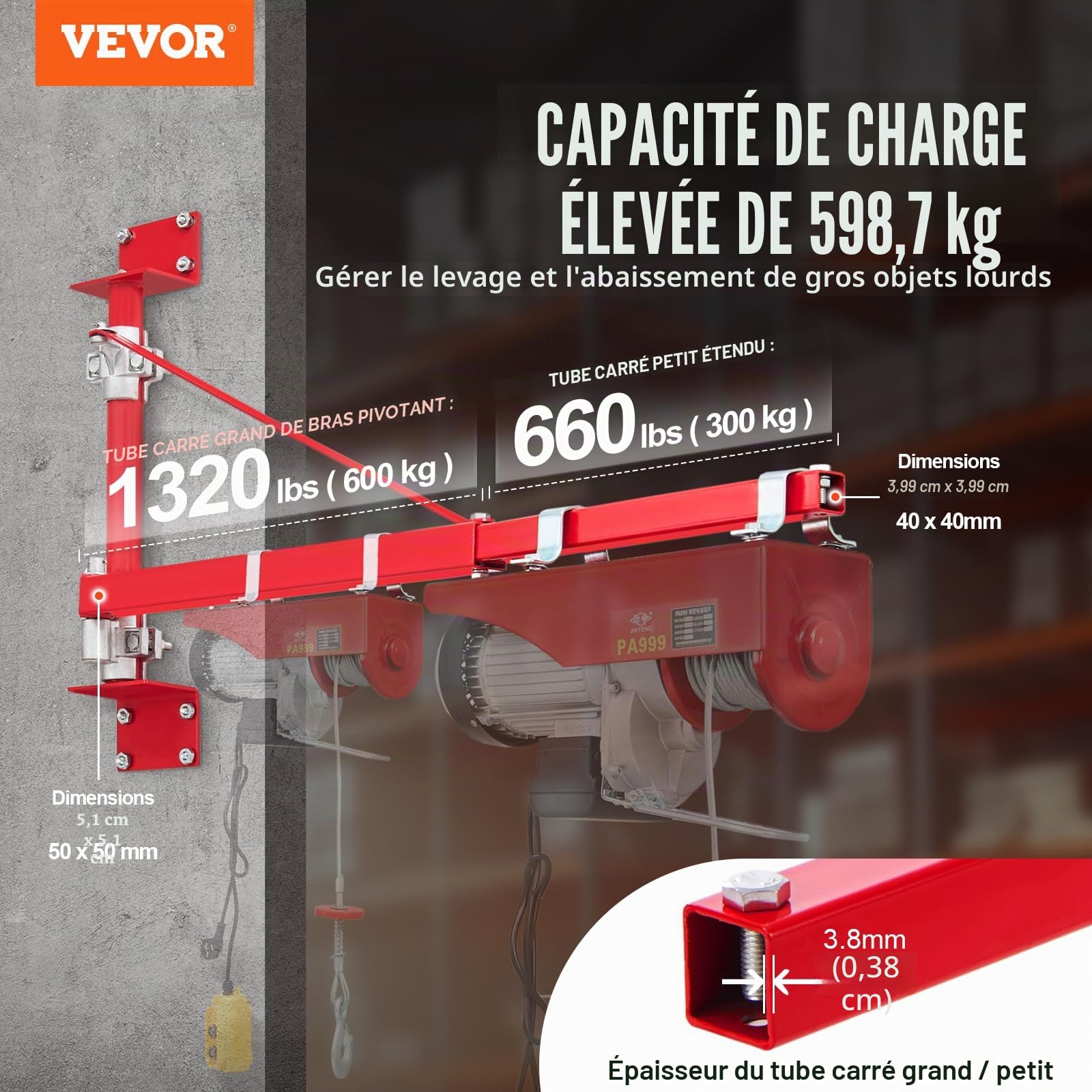 VEVOR Bras de support de palan électrique, capacité de charge 600 kg, bras pivotant de support palan avec poteau, cadre de palan acier, bras de levage de palan d'échafaudage 180° pour atelier, garage