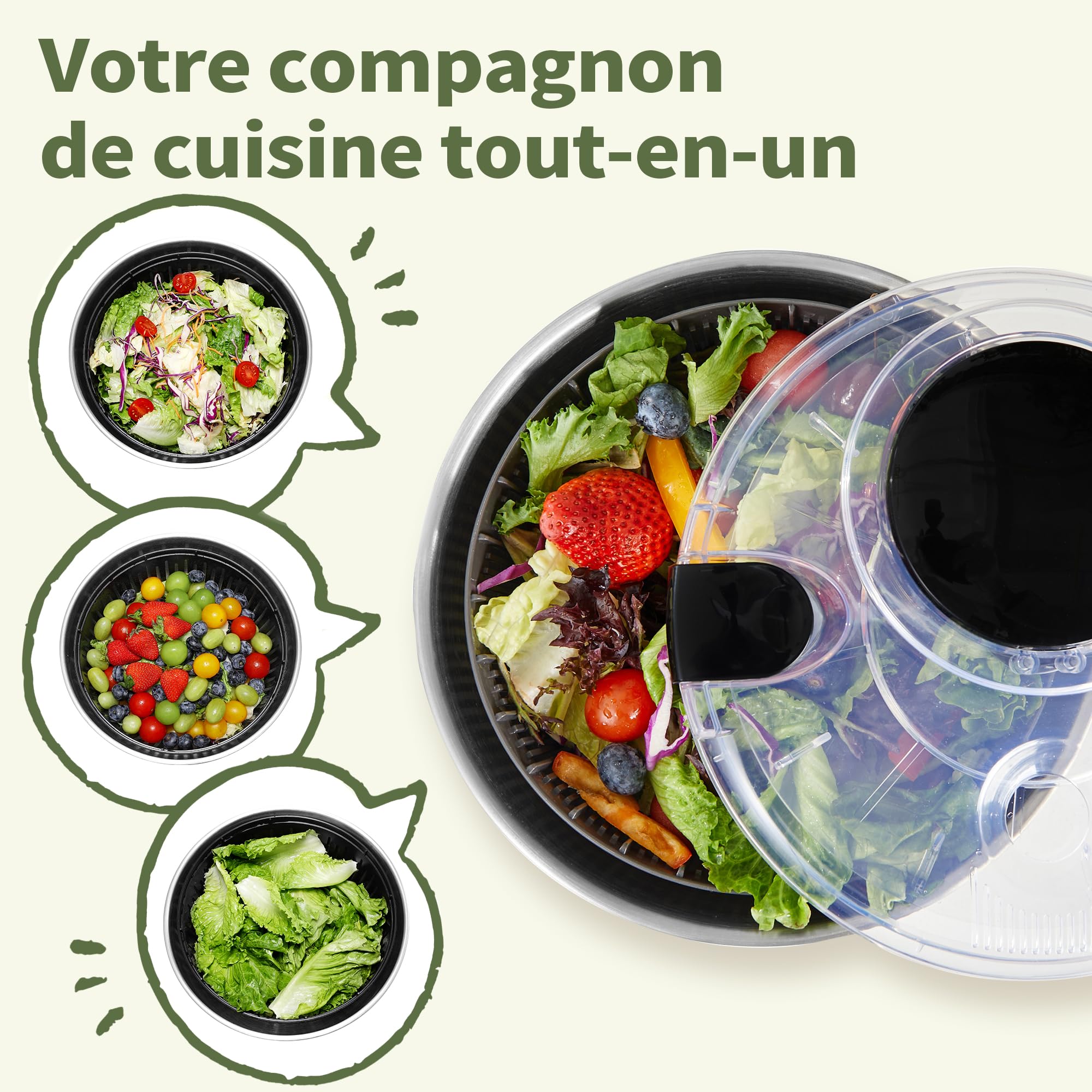 Grande Essoreuse à salade 4,5L en acier inoxydable 18/10 de haute qualité avec couvercle transparent, fond antidérapant - Salad Spinner avec mécanisme à manivelle - Sans BPA et passe au