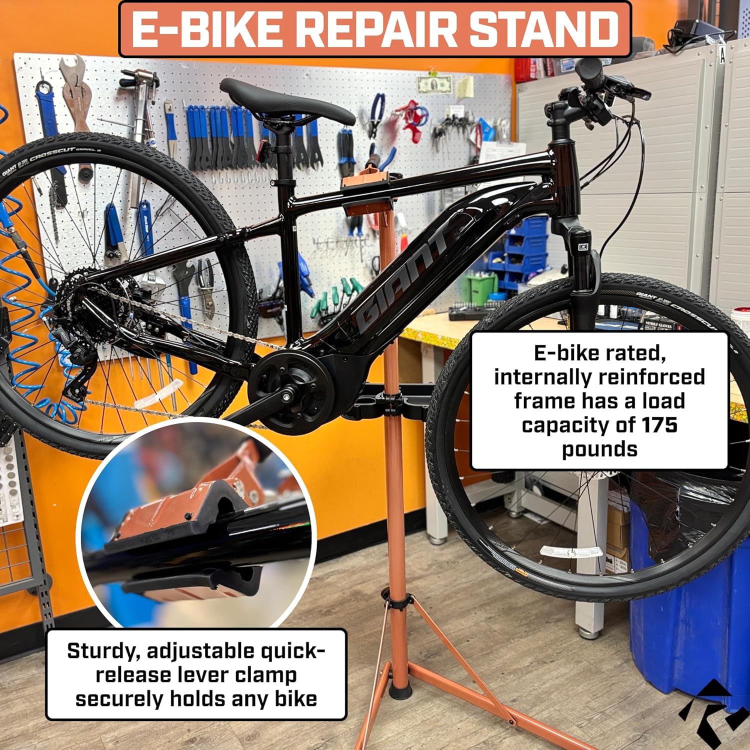 Revere E-Bike Repair Stand with Telescoping Arm, Rotating Clamp, Magnetic Tool Tray, and Adjustable Handlebar Rod - Heavy Duty, Sturdy, Adjustable (Orange)