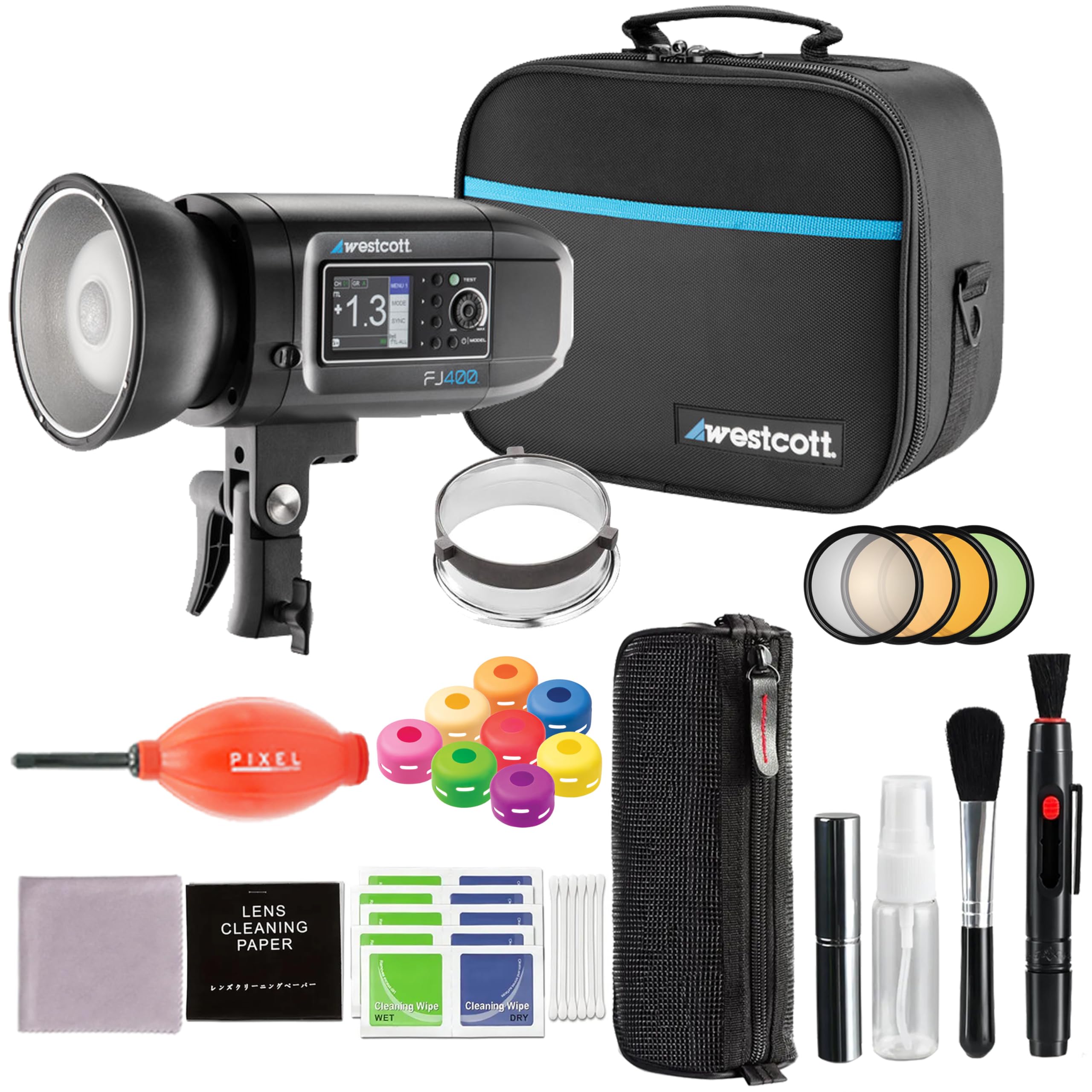 Westcott FJ400 Strobe 400Ws with AC/DC Battery 400Ws TTL HSS AC/DC Powered 480+ Full Power Flashes (US/CA Plug) with Pixel Advance Accessories & FlexiGels for FJ400 Strobe Bundle | Westcott FJ400