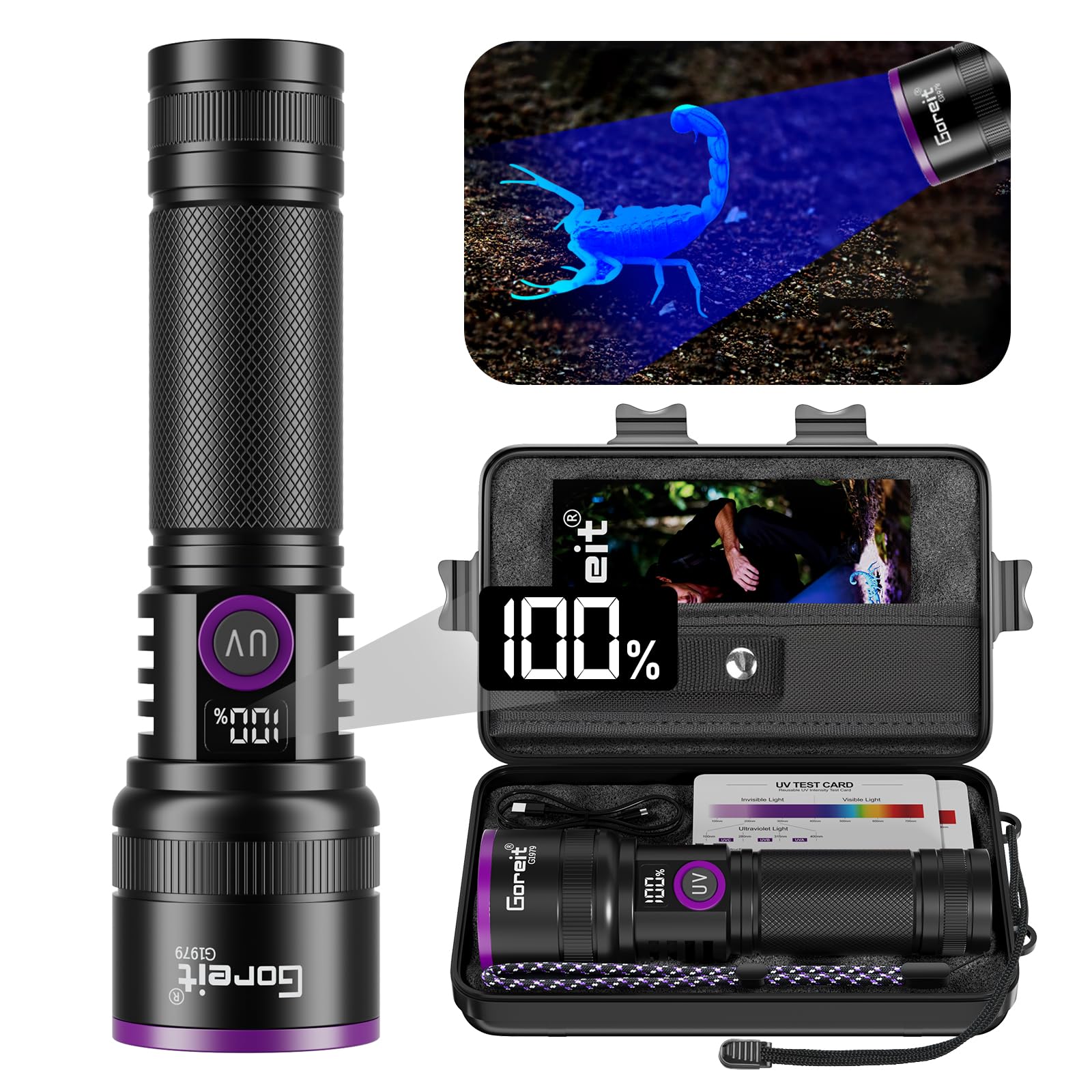 365nm Black Light UV Flashlight Rechargeable with Filter Lens & LCD Display Global Recycled Standard Global Recycled Standard Global Recycled Standard