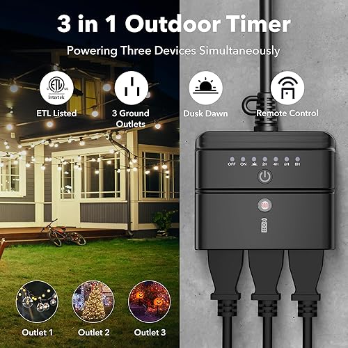 Miniatura 3 de BN-LINK - Temporizador de luz para exteriores, controlador impermeable de atardecer a amanecer con 2 tomas de tierra para luces de cadena de Navidad