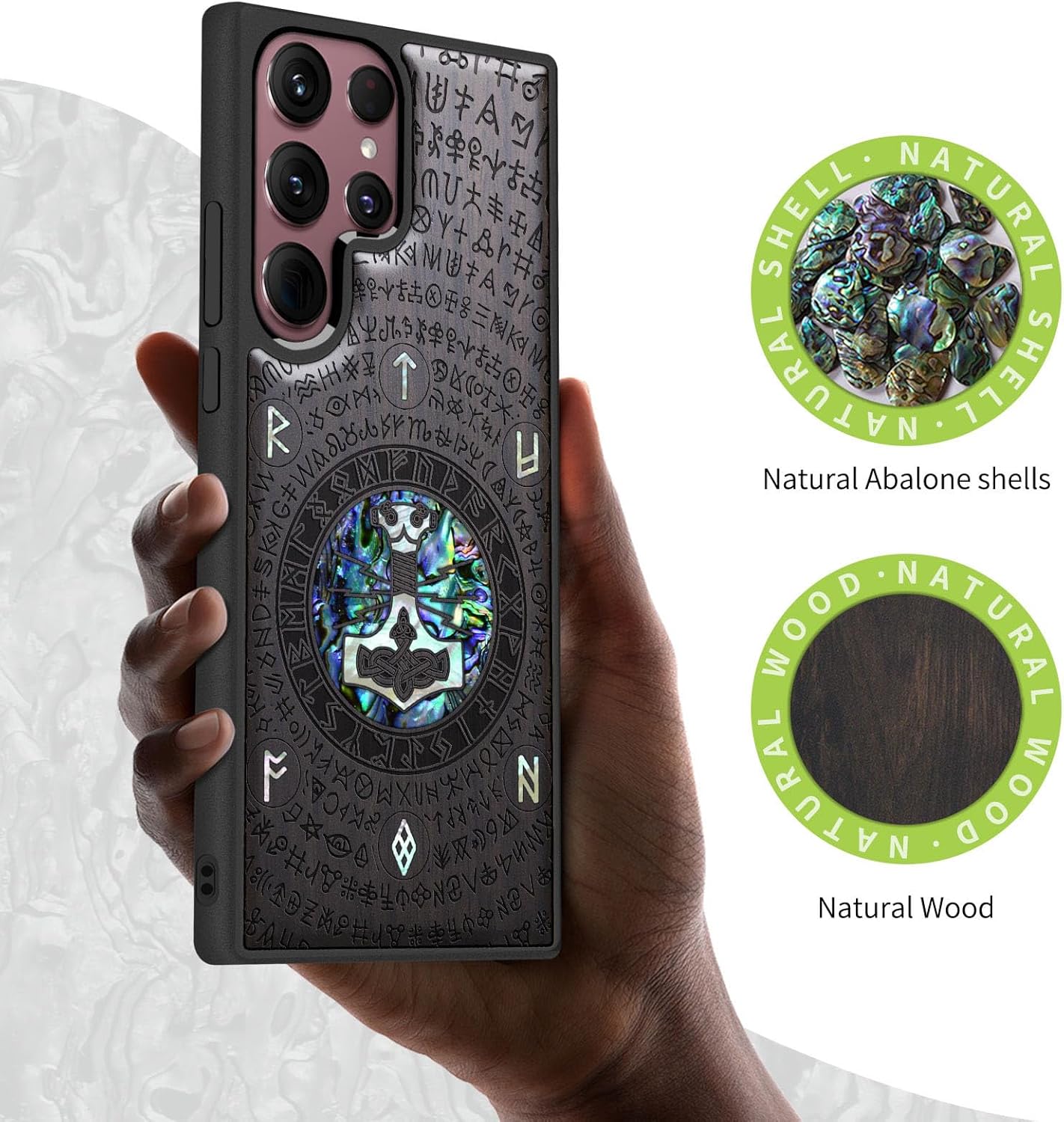 Carveit Designer Wooden Cover for Samsung Galaxy S22 Ultra Case [Wood Engraving & Shell Inlay] Wood Phone Case Compatible with Wireless Chargers Galaxy S22 Ultra (Thors Hammer-Blackwood)