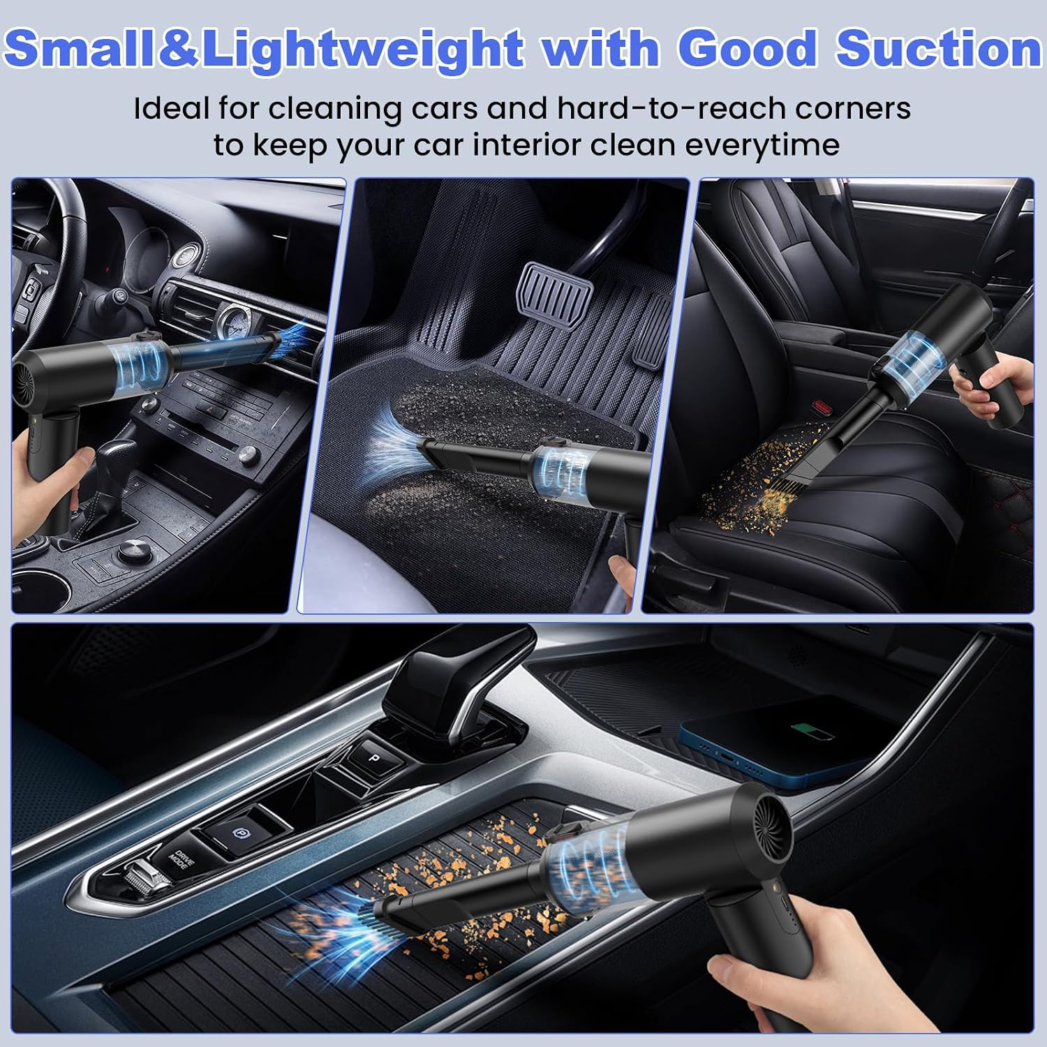 NUNET Car Vacuum Portable Cordless w. 15000PA Ultra Suction 4-in-1 Foldable ​Air Duster & Blower Brushless Motor Rechargeable Handheld Air Pump for Pet Hair, Car Seats, Air Mattress etc