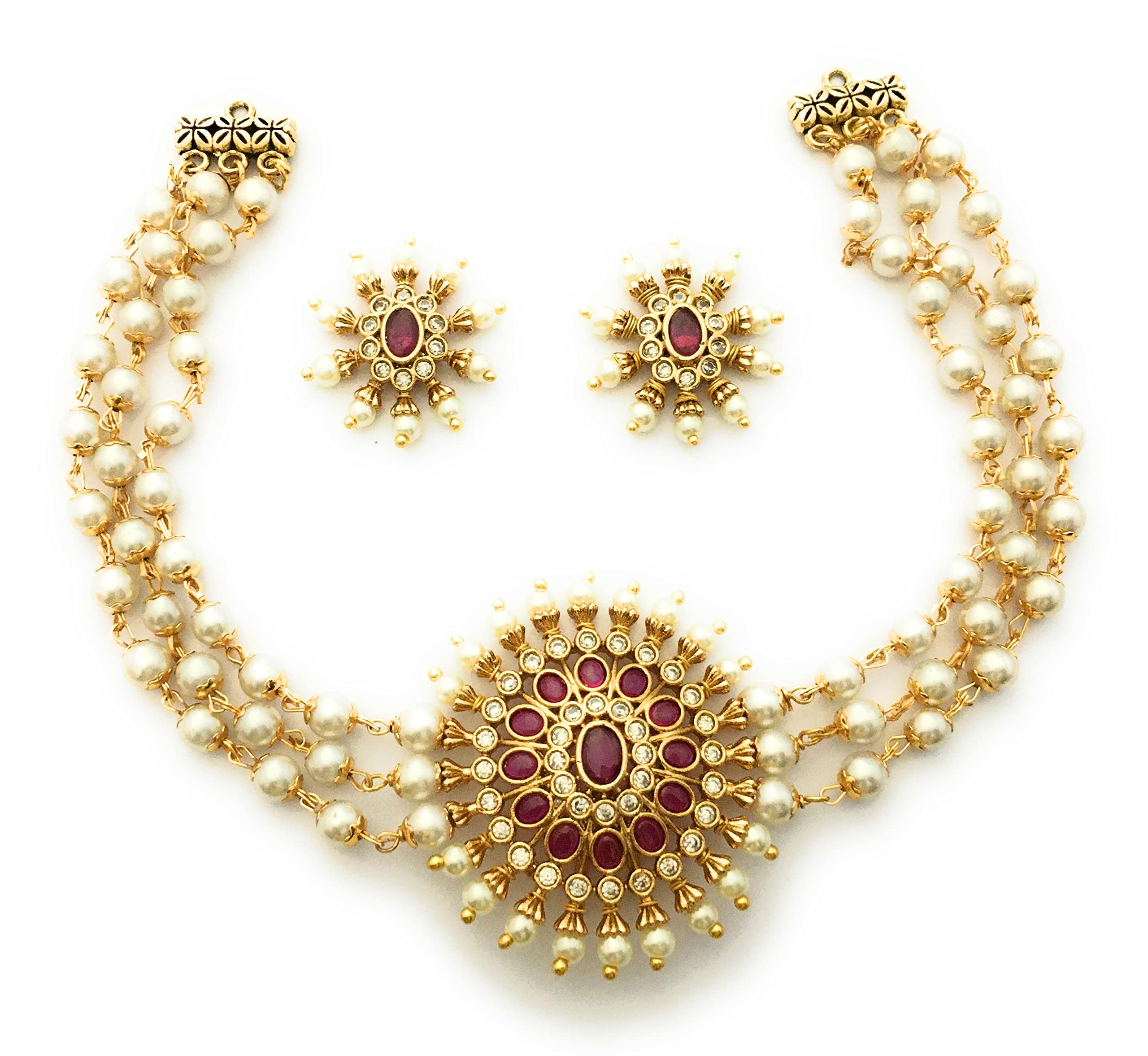 Sasitrends Traditional Gold Plated AD Stone Studded 3 Layer Pearl Neck Choker Jewellery Set for Women and Girls (B0BM51J82Y) Amazon Price History, Amazon Price Tracker